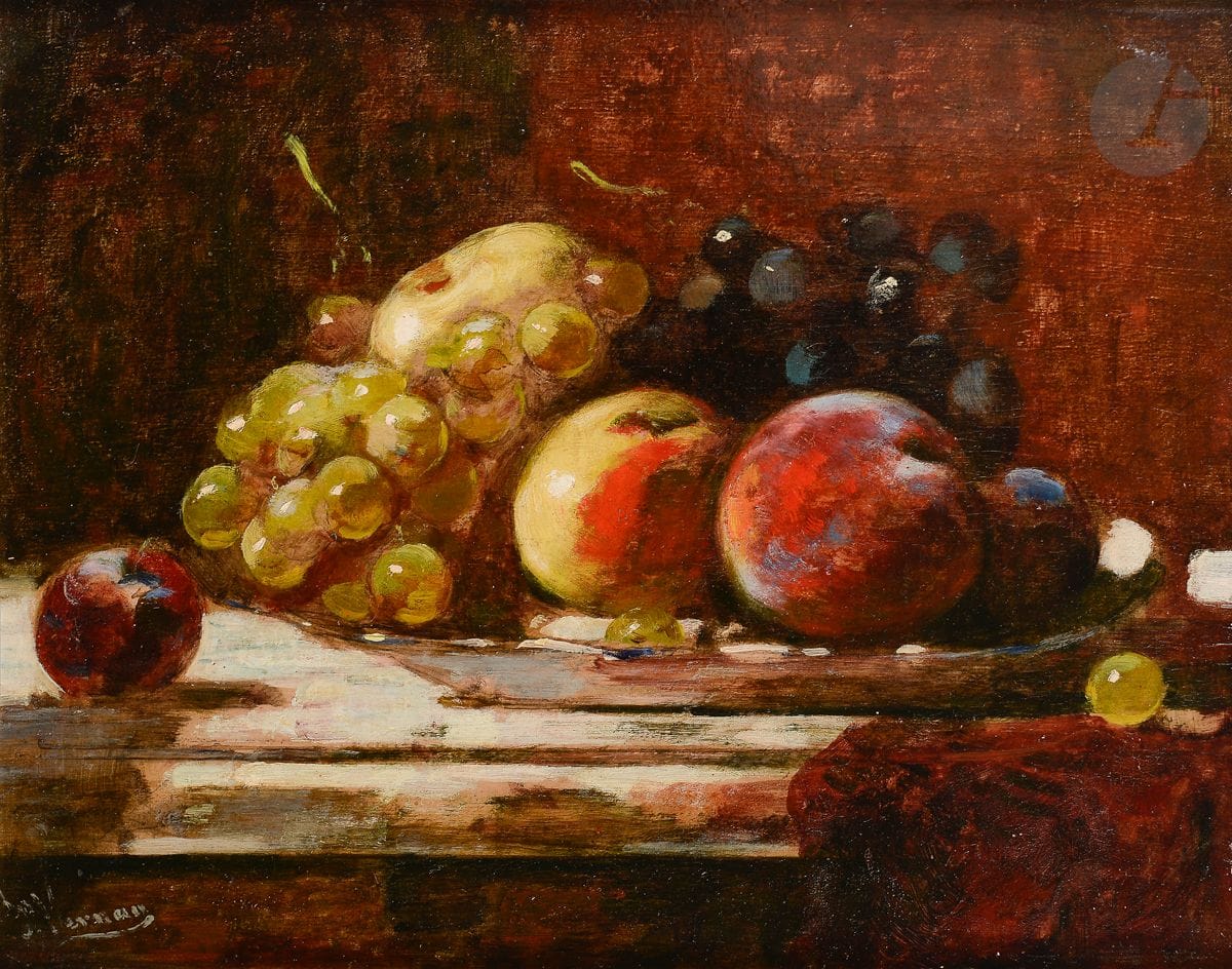 François MIEL dit VERNAY 
(Lyon 1821 - 1896)
Pêches et raisins sur un entablement
Panneau
Signé en bas à gauche Vernay
26 x 35 cm