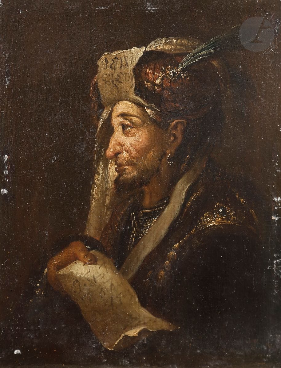 Dans le goût de REMBRANDT
Profil d’homme au manuscrit
Panneau de chêne, une planche, non parqueté
27 x 21 cm
Sans cadre