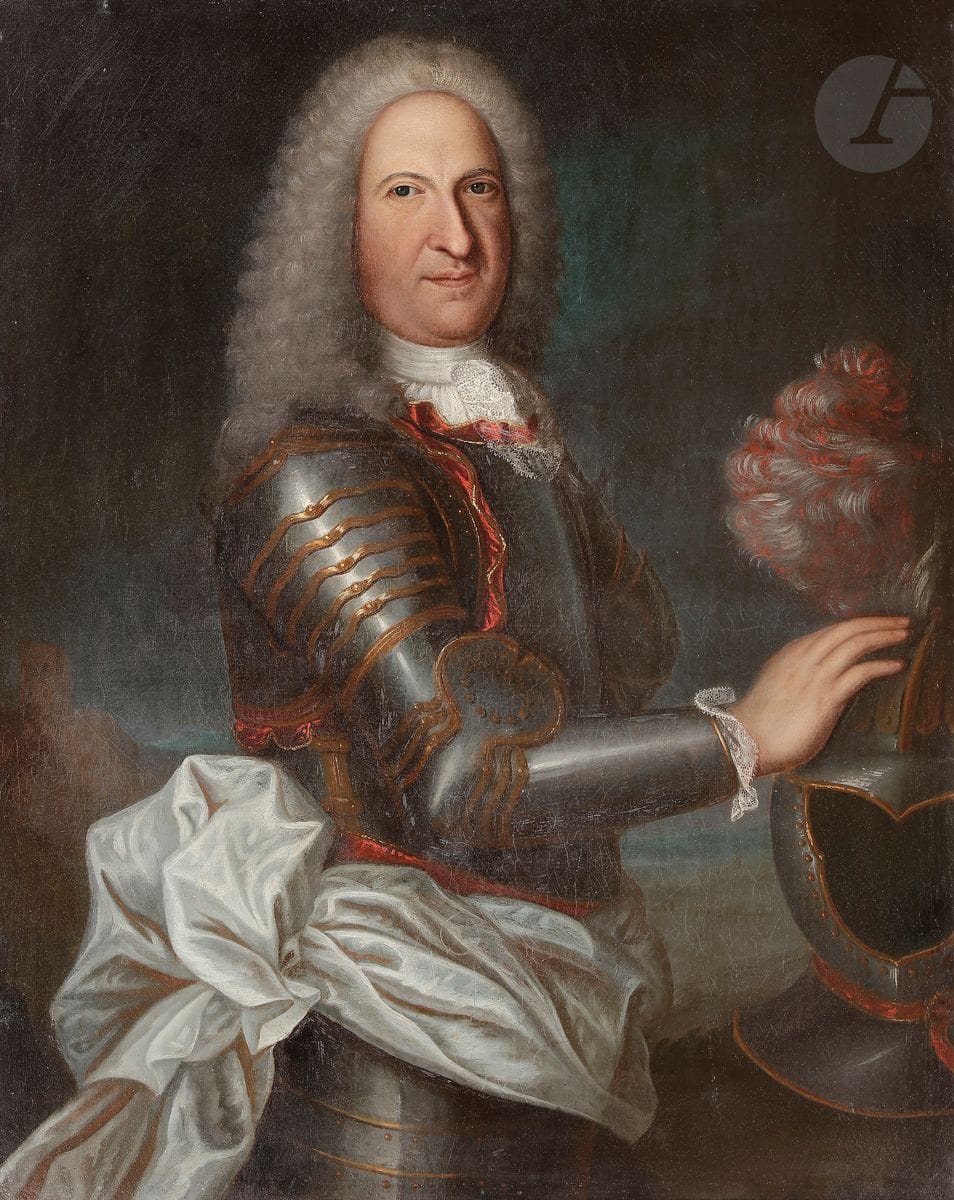 Dans le goût de Hyacinthe RIGAUD
Portrait d’homme en armure
Toile
94,5 x 78 cm
(Restaurations)