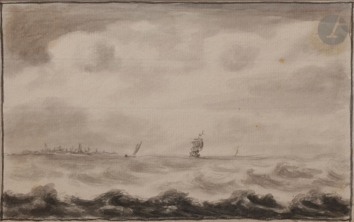 École HOLLANDAISE du XVIIIe siècle
Marine
Plume, encre grise, lavis gris
12,5 x 20 cm
(Deux taches)