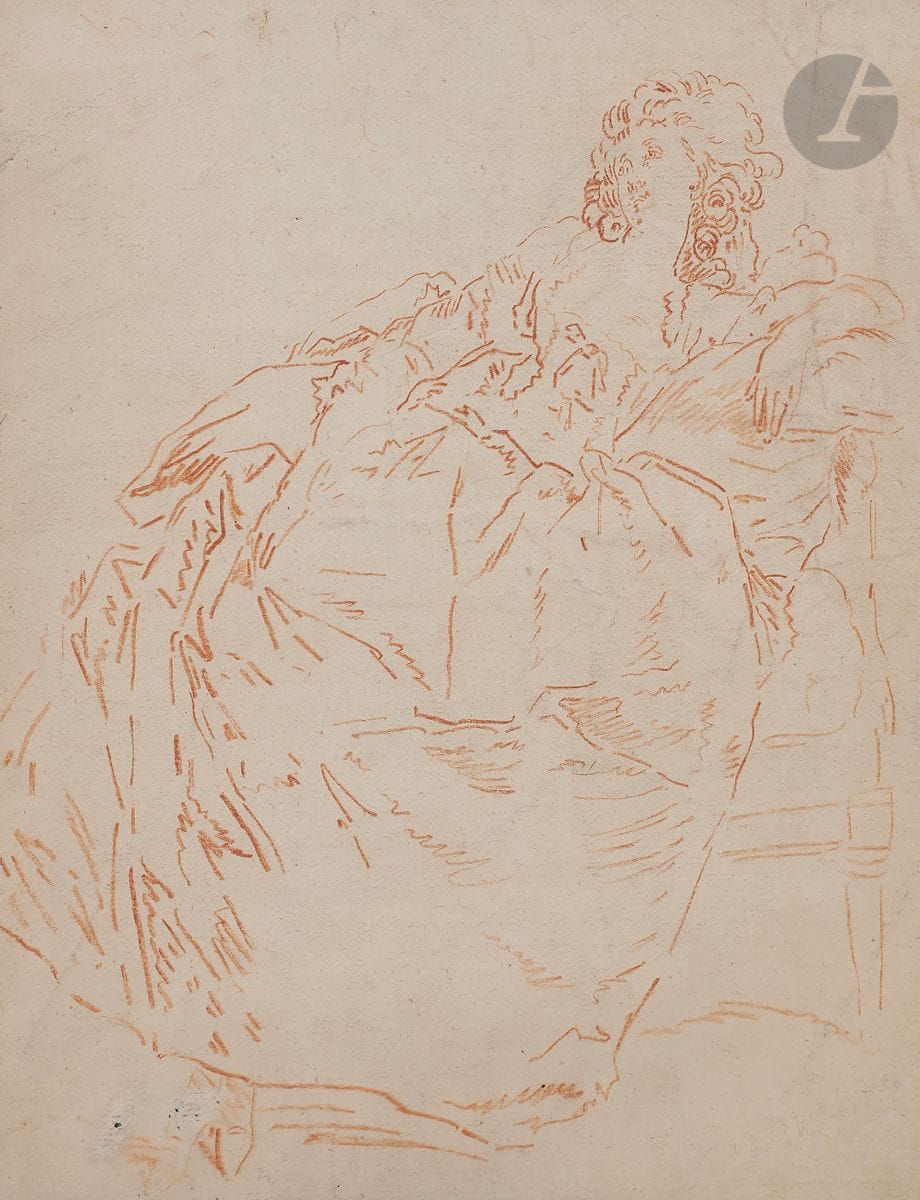 École FRANÇAISE dans le goût du XVIIIe siècle
Femme assise
Sanguine
37,5 x 28,5 cm
(Pliure et manque)