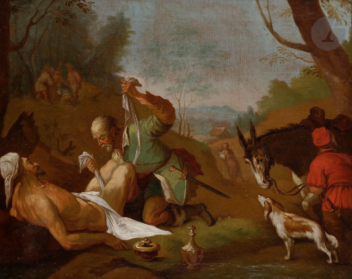 École ALLEMANDE du XVIIIe siècle, 
suiveur des BASSANO
Le bon samaritain
Sur sa toile d’origine
33 x 41 cm