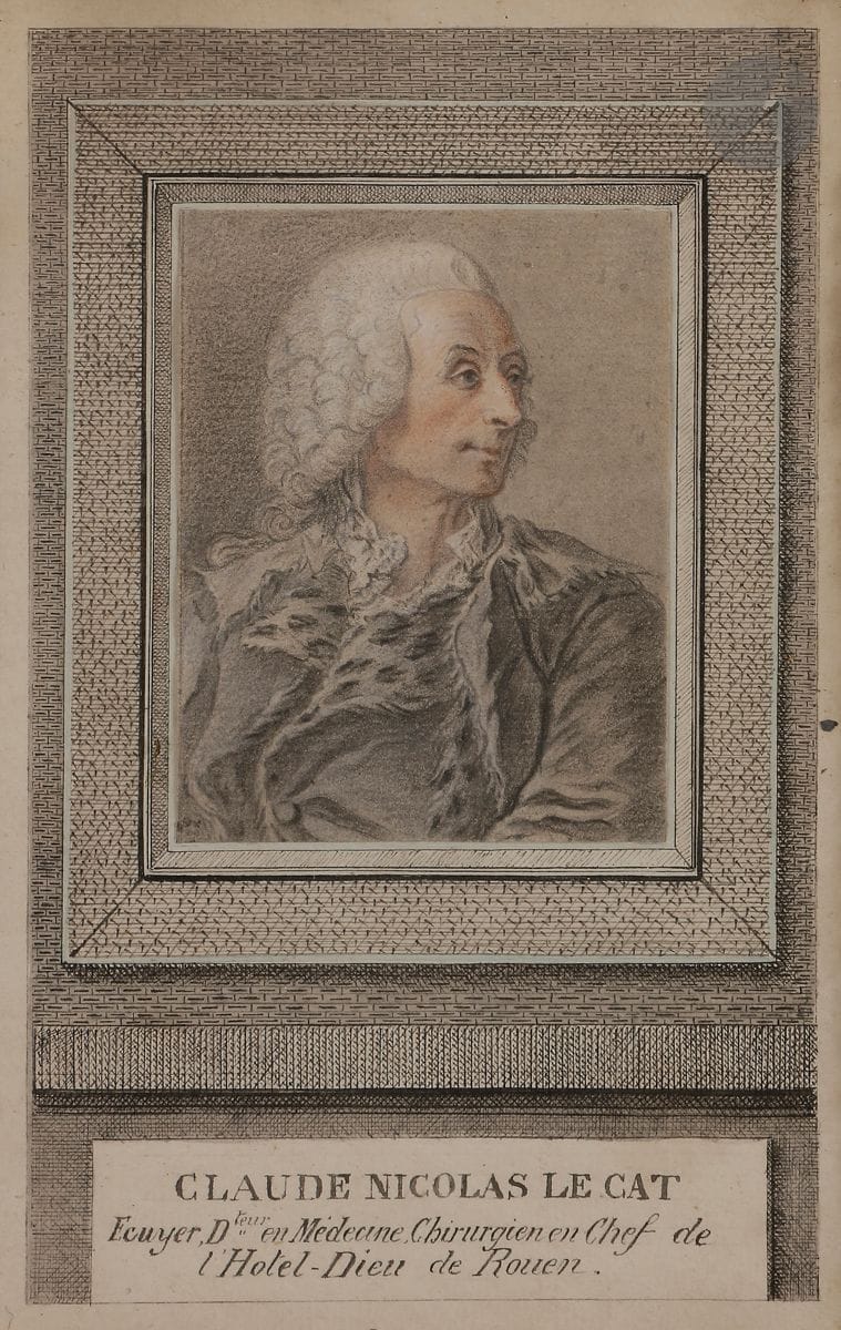 Attribué à Louis-Richard FRANCOIS DUPONT DIT DUPONT DE MONTFIQUET
(Montfiquet 1734 - Rouen 1765)
Portrait de Claude Nicolas Le Cat
Crayon noir, craie blanche et rehauts de sanguine
8,4 x 6,5 cm

Une gravure en sens inverse est conservée au musée du Château de Versailles, numéro d’inventaire : LP64,78,2.