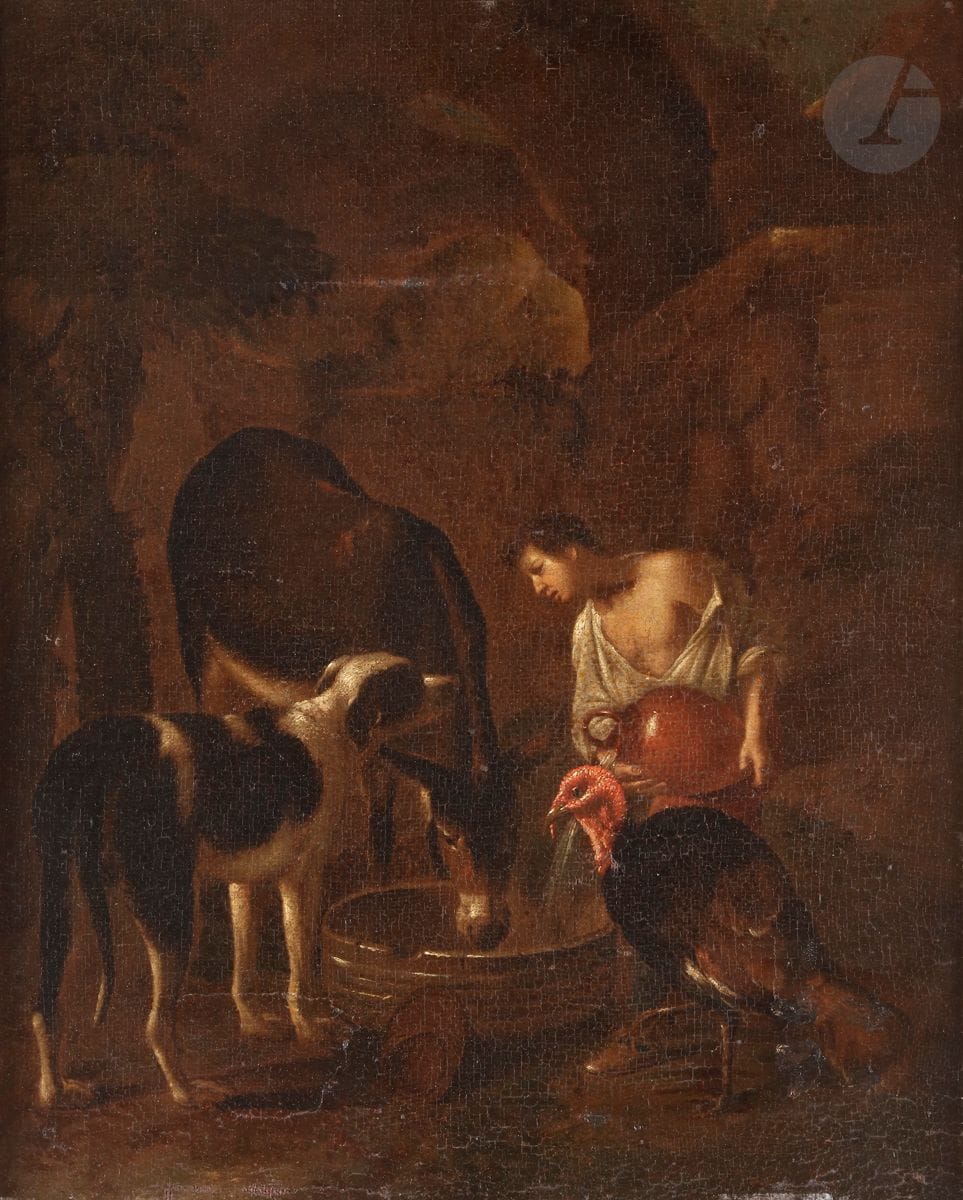 École ITALIENNE du XVIIe siècle
Jeune pâtre donnant à boire à son chien et son âne avec un dindon
Toile
51 x 42 cm
Inscriptions au revers du châssis « d’après un original de Castiglione / Murillo »
(Accidents et restaurations)