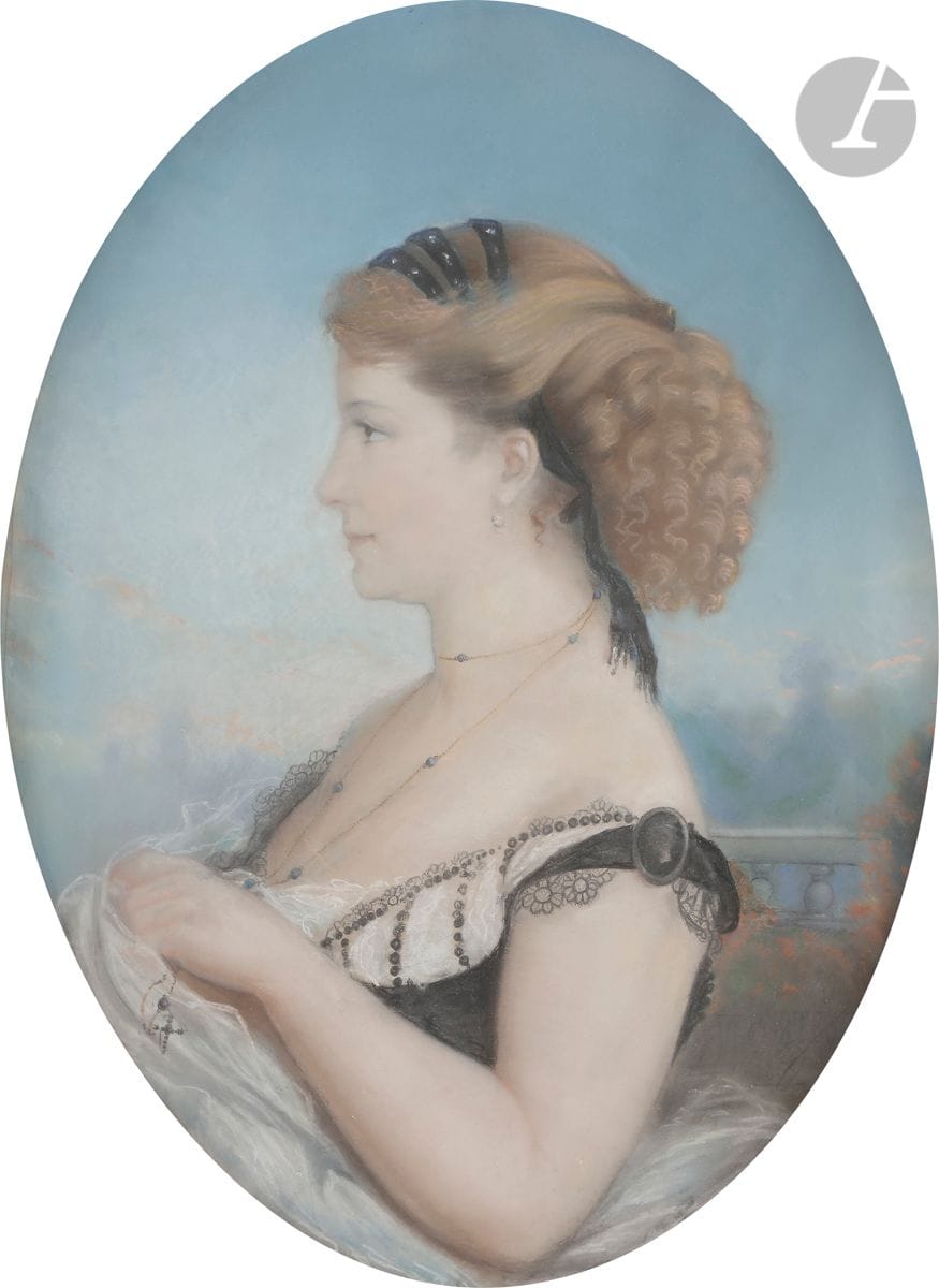 DEPORTES (actif au XIXe siècle)
Portrait de femme en buste de profil
Pastel
65 x 50 cm ovale
Signé en bas à droite et daté 1865
(Accidents restaurations et bandes de papier rajoutées sur les bords)