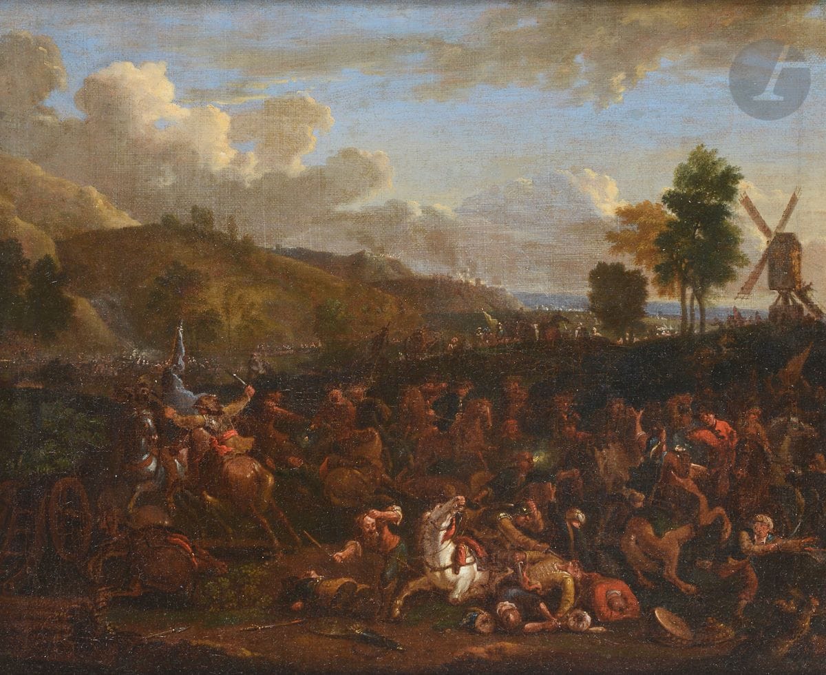 École FLAMANDE du XVIIe siècle
Choc de cavalerie 
Toile
37,5 x 46 cm 
(Restaurations)