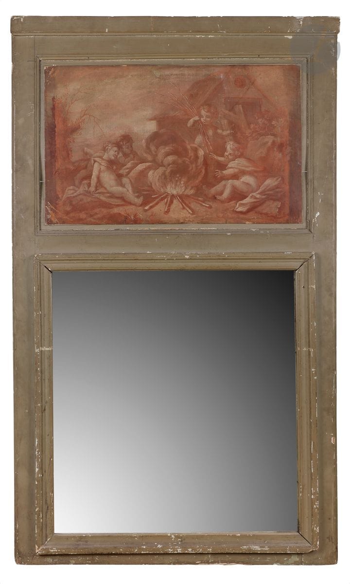 Trumeau en bois mouluré et peint incorporant une peinture sur toile en camaïeu rouge représentant des enfants se réchauffant autour d’un feu.
Début du XIXe siècle.
H : 165 cm, L : 98 cm