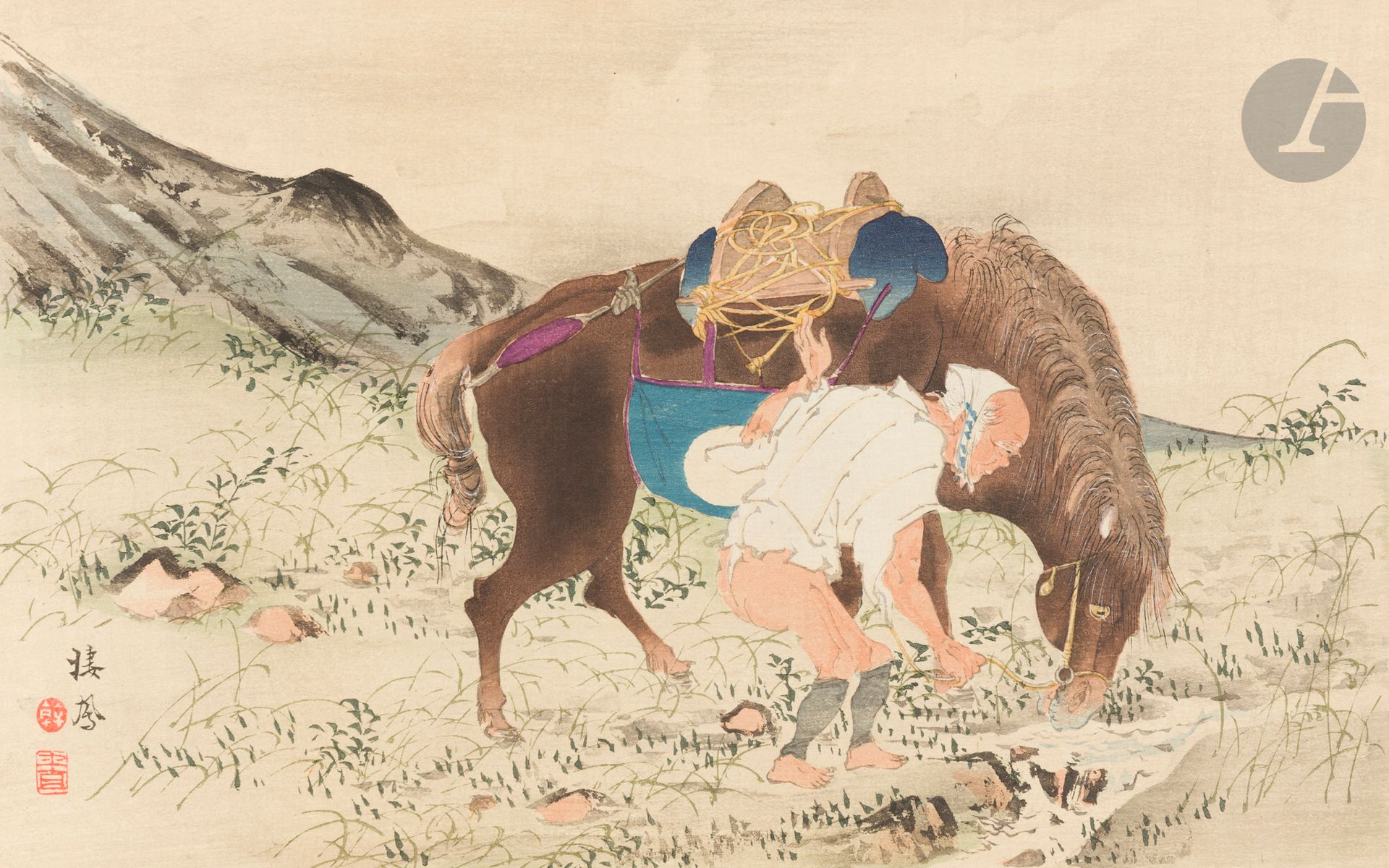 Takeuchi Seihō (1864-1942), Japon, 1894 (publié à Kyoto lors de la 27e Année de l’ère Meiji)
Album d’estampes, encre et polychromie sur papier : Douze vues du Mont Fuji, Seihō Juni Fuji - 棲鳳十二冨士. Illustrant diverses scènes champêtres ou d’intérieur avec le Mont Fuji en arrière-plan ou parfois certaines scènes au pied du Mont lui-même. Titre manuscrit sur la couverture faite en fibres végétales tressées.
Éditeur : Tanaka Jihei (sceau Bunido), Yamada Naosaburō (sceau Unsodo).
Graveur : Tanaka Jirokichi.
Imprimeur : Yamazaki Yasutaro.
22,70 x 33,1 cm

Exemplaires similaires dans plusieurs musées internationaux comme le British Museum ou la Smithsonian Institution.