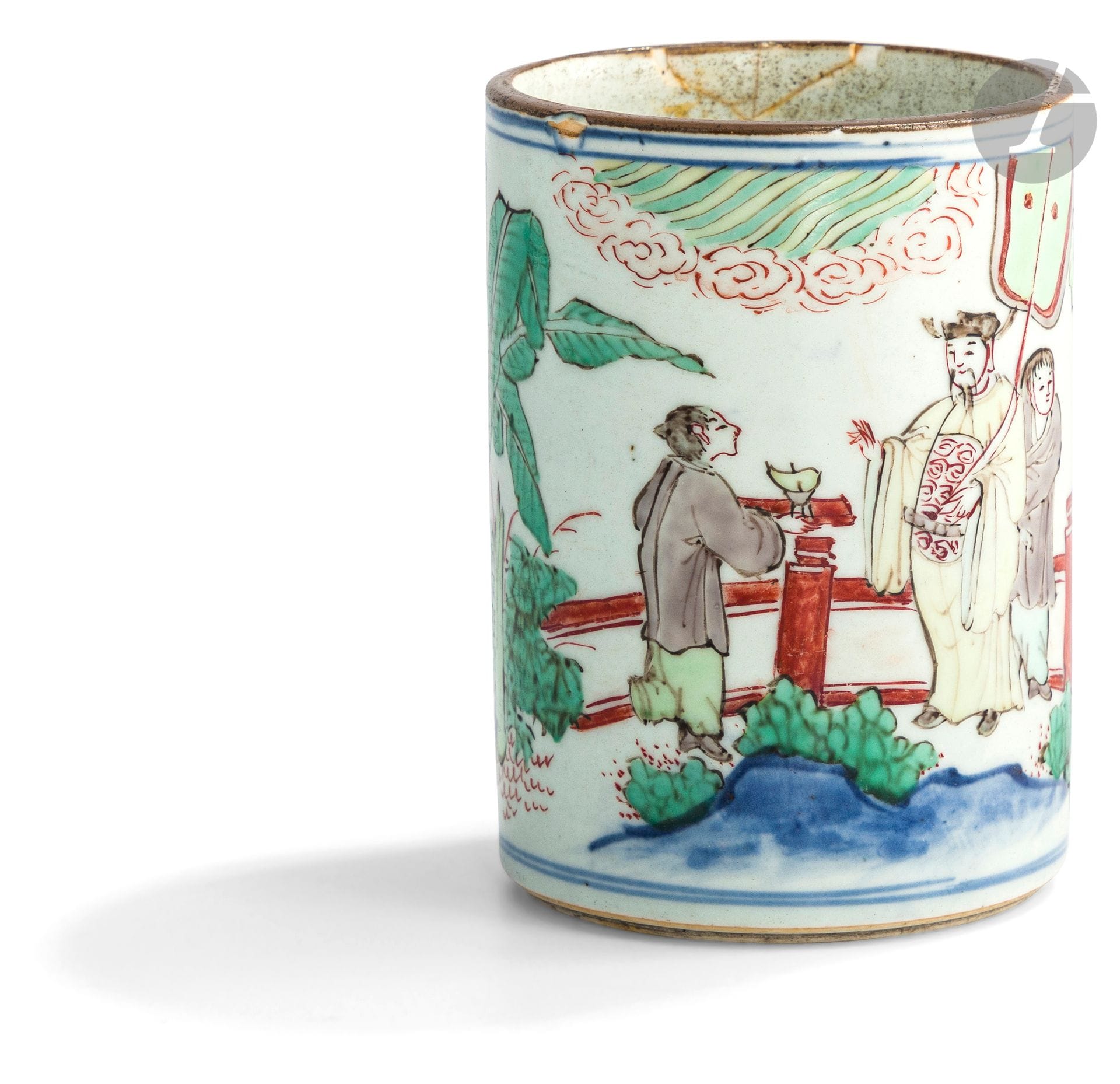 Porcelain bitong brush pot 笔筒 decorated in wucai "five-color" enamels, China, transitional period, 17th
centuryDecorated with a standing official holding an eighth-rate tablet surrounded by three assistants, one in front of him presenting a jue on a tray and the other two at the back holding a large fan and a qin preserving textile, the figures moving on a terrace in a garden decorated with rocks, shrubs and banana trees under stylized clouds. This scene is an illustration of the rebus "may you be promoted to a higher rank". - jia guan jin jue-加官晋爵.
The unglazed base.
Height: 15 cmAccident
and crack. 

The combination jia - 加 - "to put on" and guan - 冠 - "hat" i.e. jia guan - 加冠 is a homophone of jia guan - 加官 which means "to receive an official title". Jue 爵 - "bronze wine vase", is a homophone of jue - 爵 (same character) which means "high official rank". Jin jue - 进爵 - "present the jue cup" is homophone of jin jue - 晋爵 - "obtain promotion to a higher rank". On some settings, a child wearing an official guan - 冠 headdress offers a jue cup to a dignitary. Since this guan - 冠 headdress is homophone of guan - 官 - "official title" and the jue cup is homophone of jue - 爵 - "official high rank", our bitong decoration communicates the message "jia guan jin jue - 加官晋爵".





