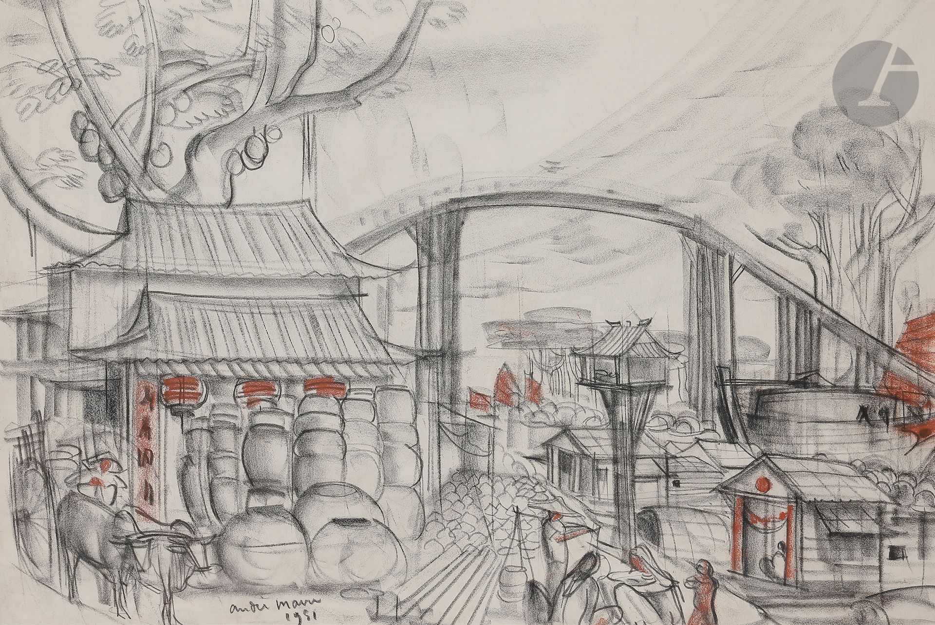 André MAIRE (1898-1984
)Indochina, 1951 charcoal
and red chalk.
Signed and dated lower left.
37 x 55 cm



