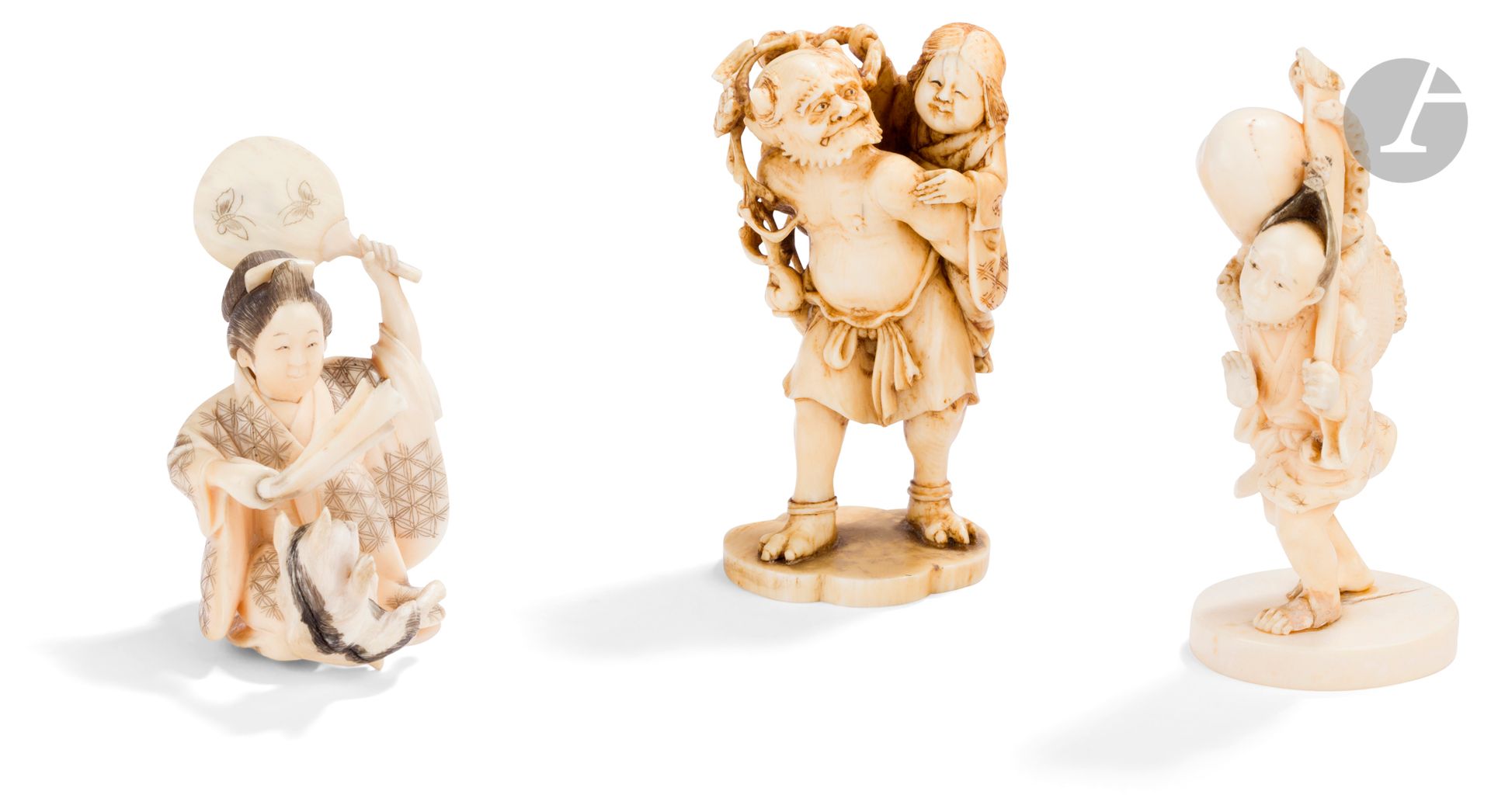 
Three ivory okimono, Japan, Meiji period (1868-1912)



- One representing a fisherman strangled by an octopus that he carries in a basket hanging on his back.



- One with an erotic subject, representing a woman sitting with a fan in her hand, playing with a cat. The underside revealing her intimacy.



- One representing an oni carrying Okame on his back.



Height : from 7 to 9,2 cm ; weight : 176 g



Chips, some missing.



According to the regulation that came into force on January 19, 2022, intra-European Union trade in ivory is subject to obtaining a CIC certificate. Re-exportation outside the European Union is forbidden.
