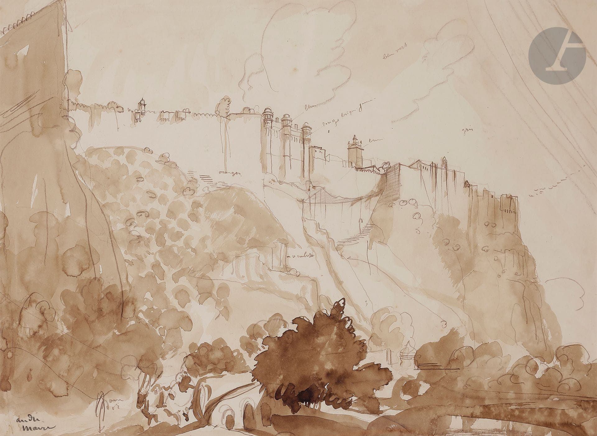 André MAIRE (1898-1984)
Pondichéry
Encre brune et lavis brun.
Signée en bas à gauche.
36,5 x 49,5 cm