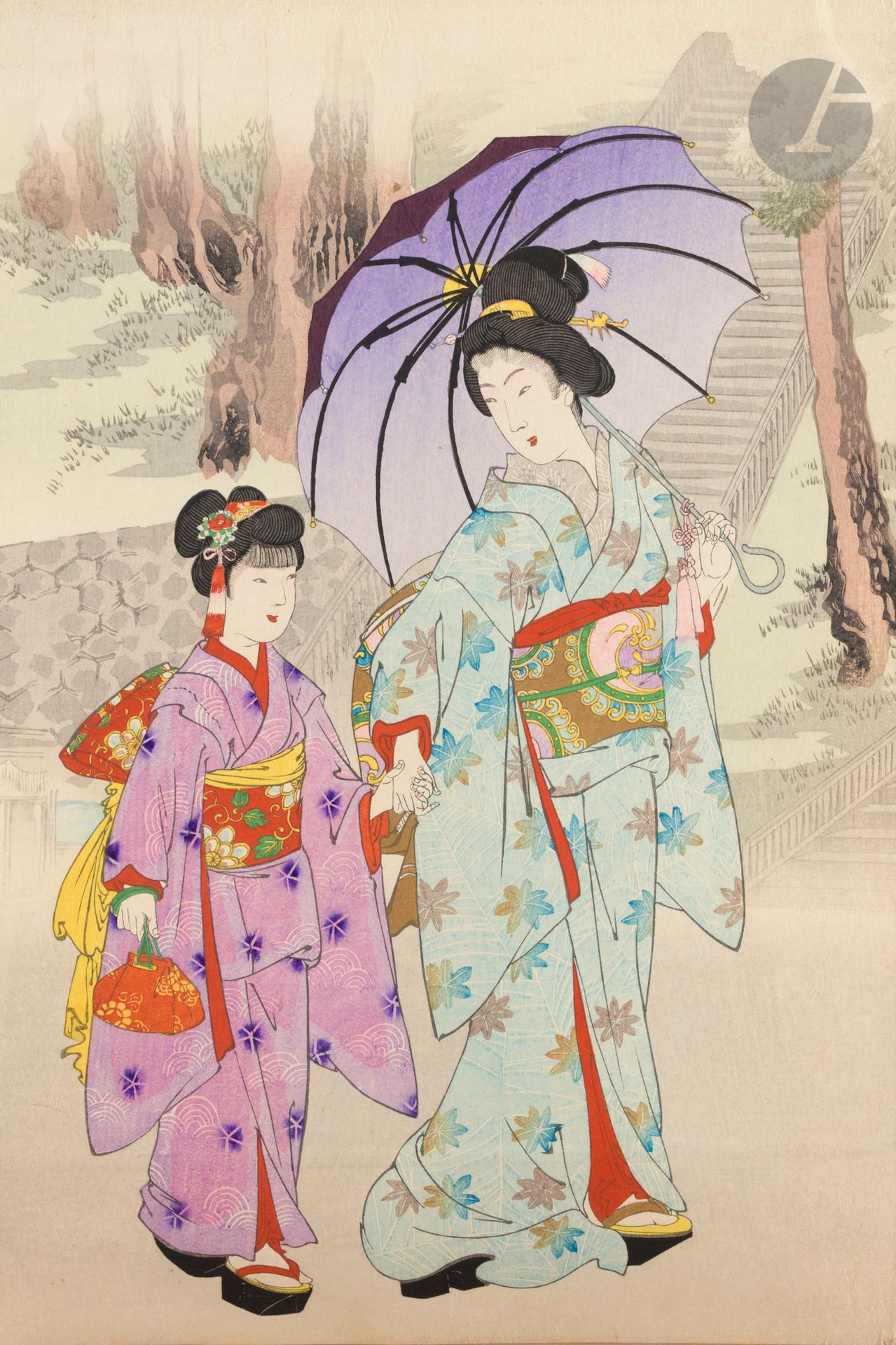Yoshu Chikanobu (Toyohara) (1838-1912), Japon, Ca. 1896 (Meiji 29)
Triptyque, encre et polychromie sur papier, format ôban : « Les sept jours de la semaine, mercredi, cascade à Meguro no taki ». Shichiyo no uchi, sui Meguro no.
Jeunes femmes en promenade ou se détendant en fumant la pipe sous des lampions au temple Meguro Fudoson (Taieizan Ryusen-ji).
Éditeur : Hasegawa Sonokichi.
Légèrement insolée.