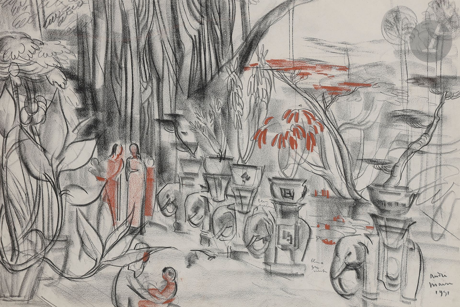 André MAIRE (1898-1984
)Indochina, 1951 charcoal
and red chalk.
Signed and dated lower right.
36,5 x 54,5 cm



