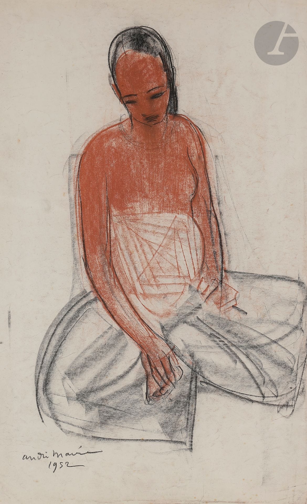 André MAIRE (1898-1984)
Femme Moï assise, 1952
Sanguine et fusain
Signée et daté en bas à gauche.
(Pliures).
54,5 x 33,5 cm