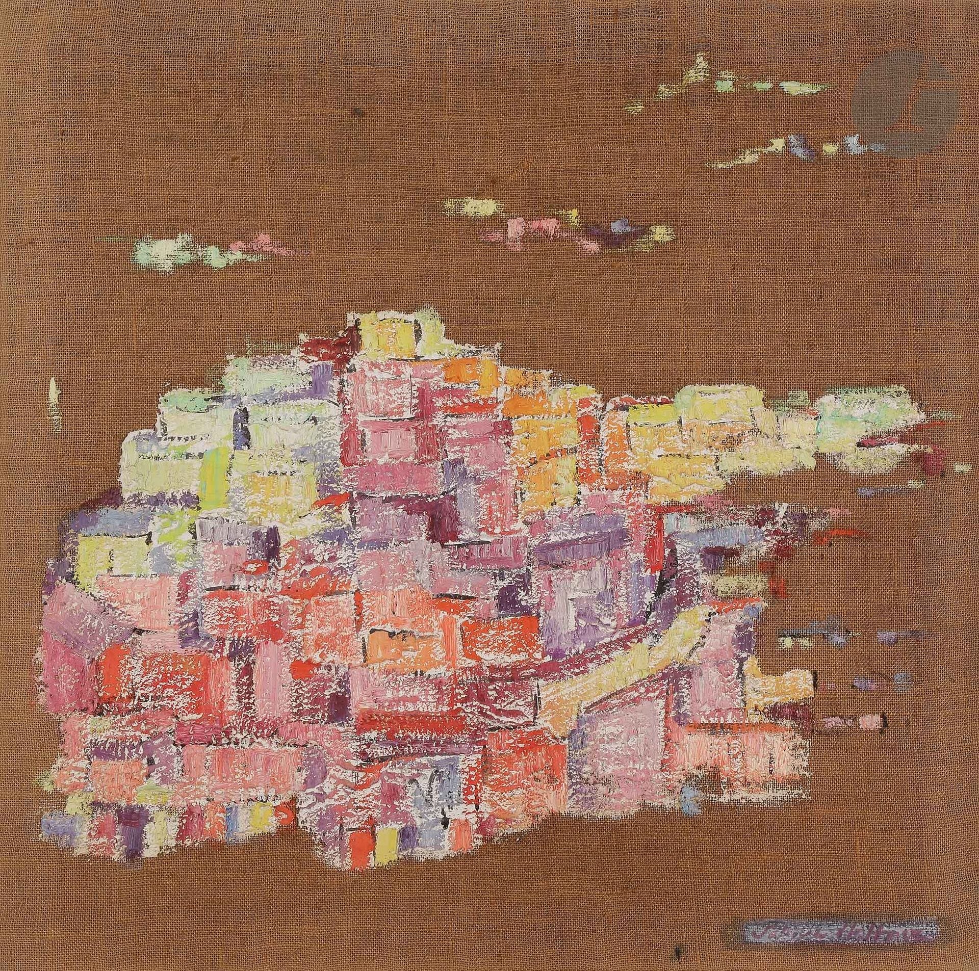 Sabine HETTNER (1906-1986)
Village, 1958
Huile sur toile.
Signée en bas à droite.
Signée et datée au dos.
73 x 73 cm