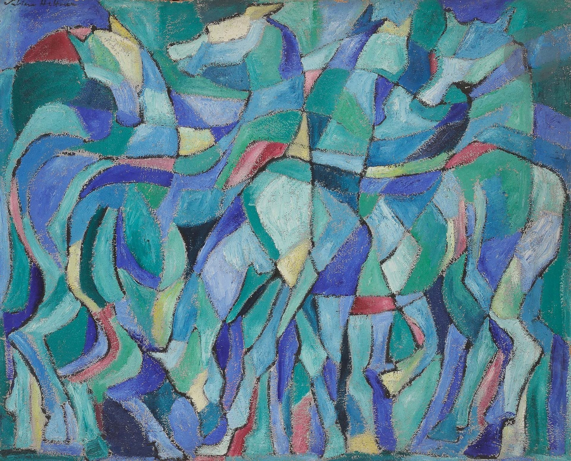 Sabine HETTNER (1906-1986)
Chevaux, 1955
Huile sur toile.
Signée en bas à droite.
Datée au dos.
81 x 100 cm