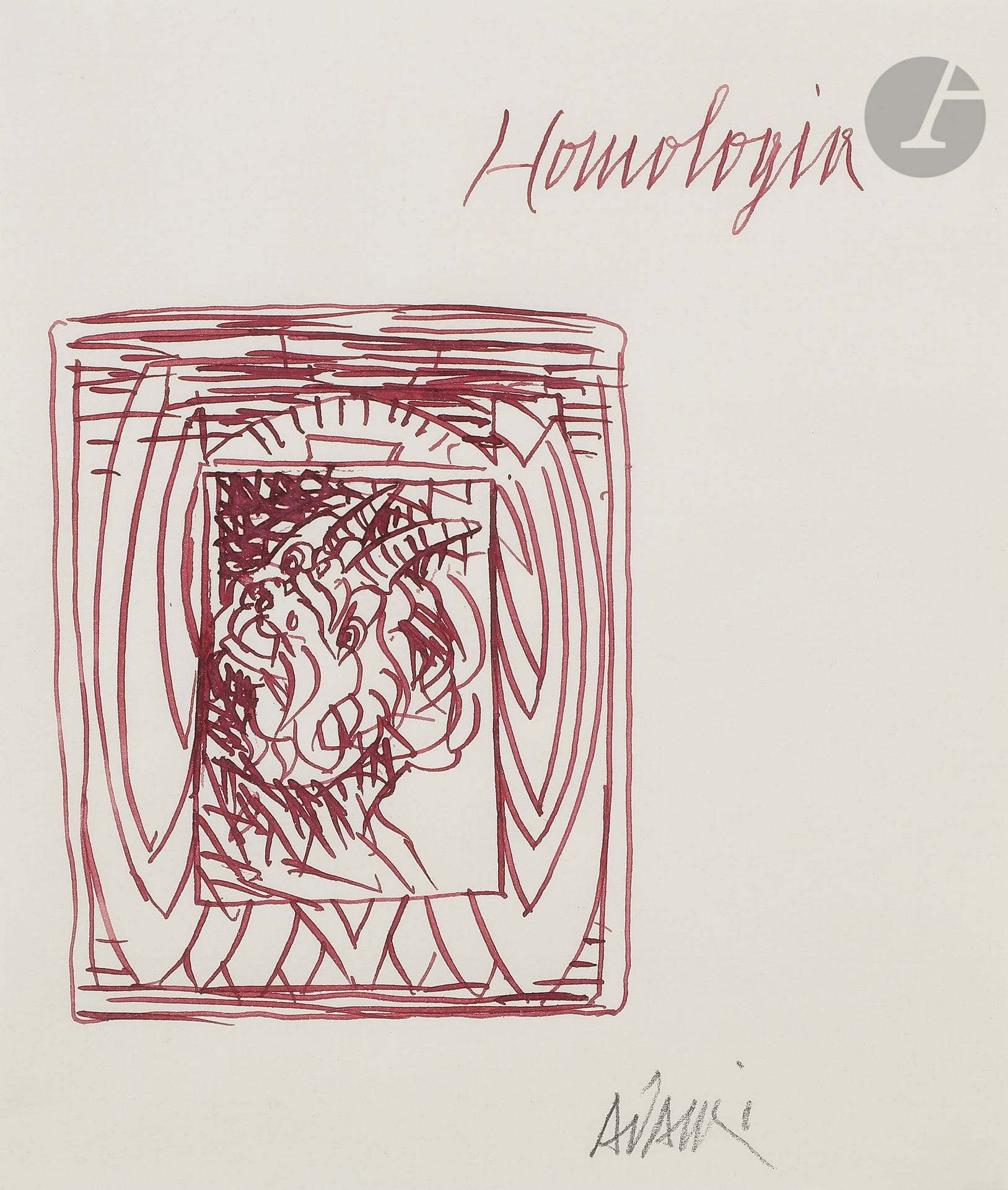 Valerio ADAMI [italien] (né en 1935)
Homologin
Encre mauve.
Signée et légendée.
21 x 18 cm