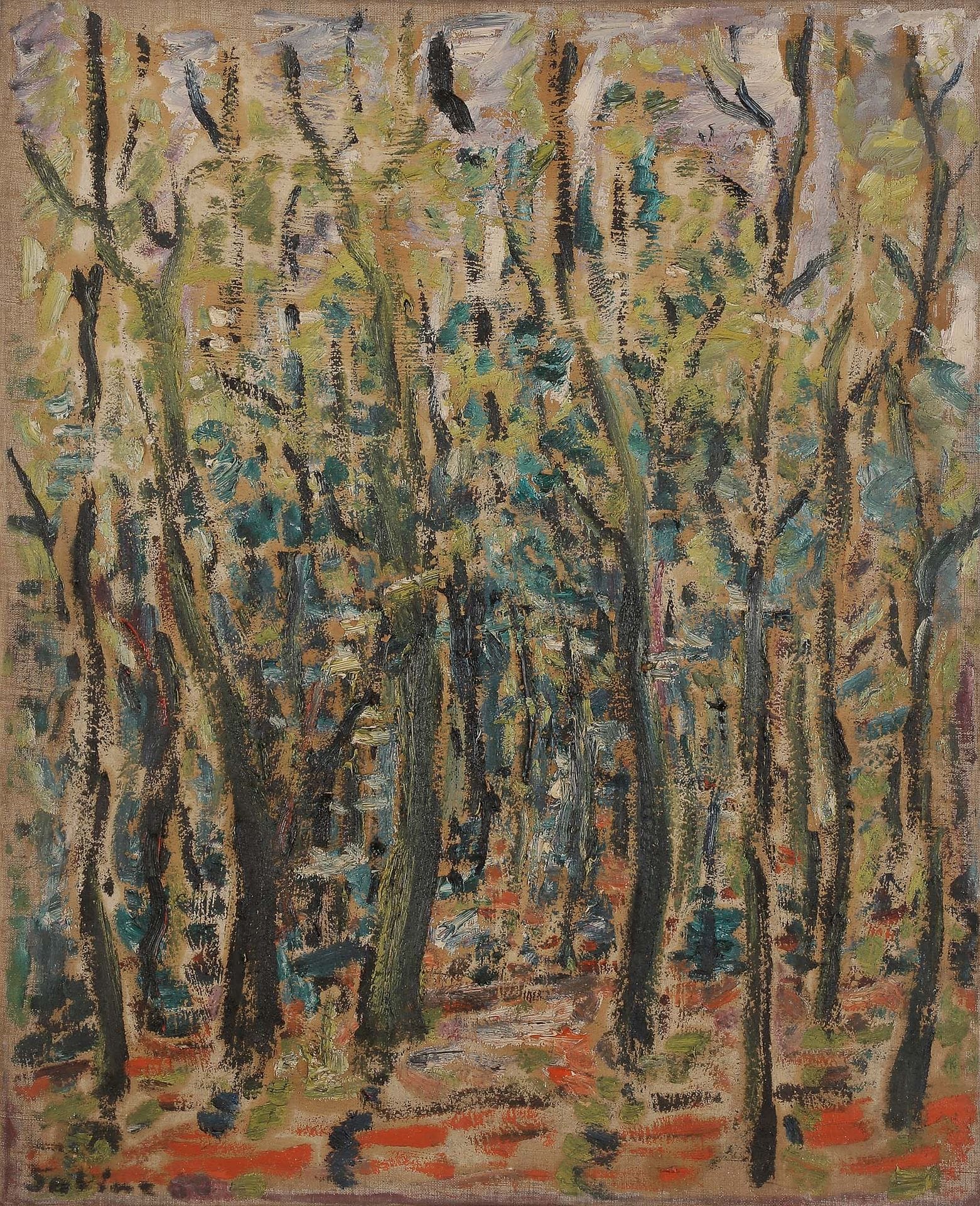 Sabine HETTNER (1906-1986)
Sous-bois, 1950
Huile sur toile.
Signée et datée en bas à gauche.
Signée et datée au dos.
73 x 60 cm