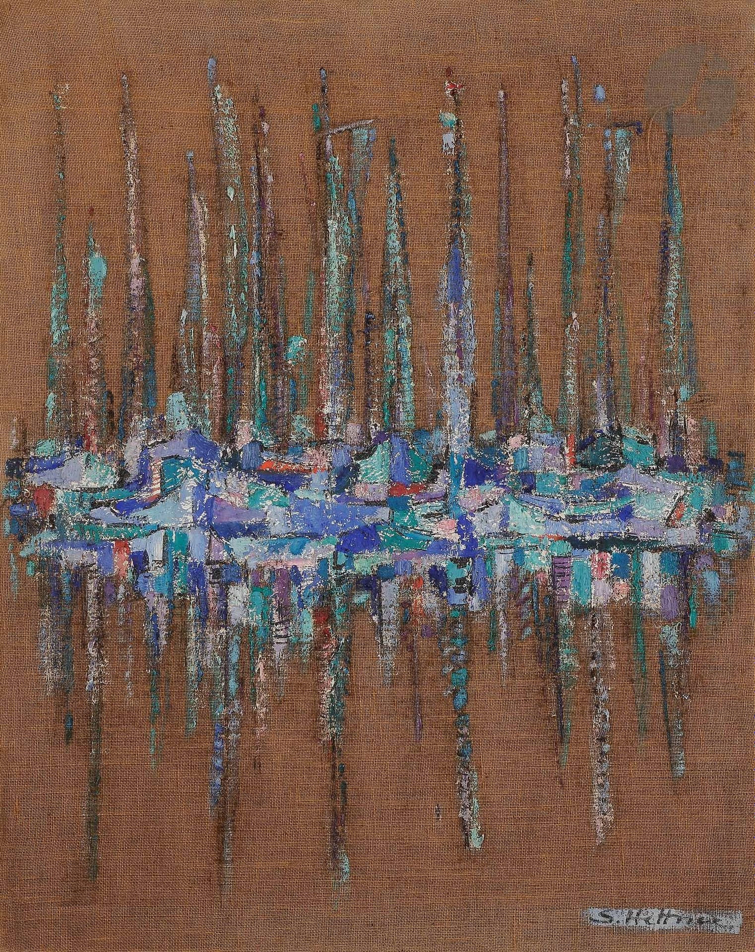 Sabine HETTNER (1906-1986)
Voiliers au port, 1957
Huile sur toile.
Signée en bas à droite.
Datée au dos.
92 x 73 cm