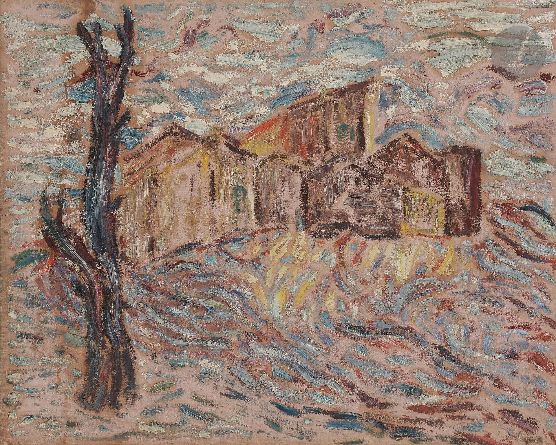 Sabine HETTNER (1906-1986)
Village à l'arbre mort, 1951
Huile sur toile.
Non signée.
Datée au dos.
65 x 81 cm