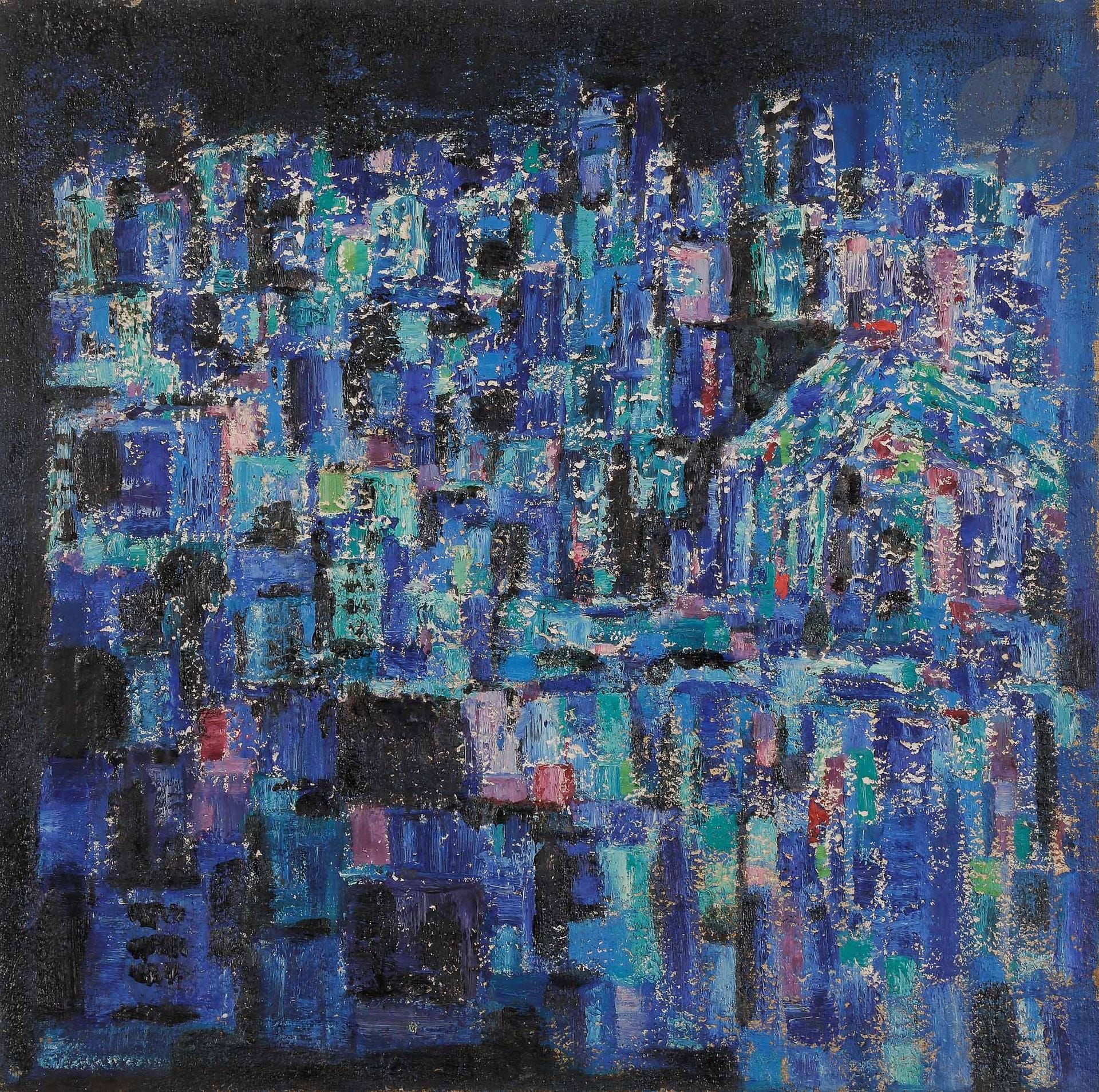 Sabine HETTNER (1906-1986)
Village la nuit, vers 1961
Huile sur toile.
Signée et datée au dos.
73 x 73 cm