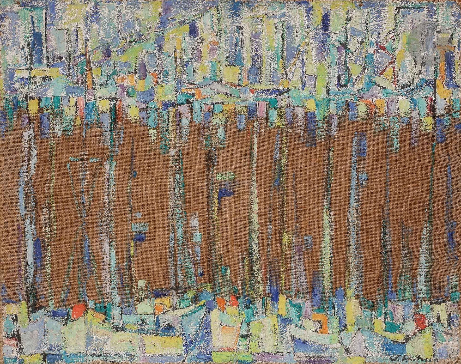 Sabine HETTNER (1906-1986)
Voiliers, 1957
Huile sur toile.
Signée en bas à droite.
Datée au dos.
73 x 92 cm