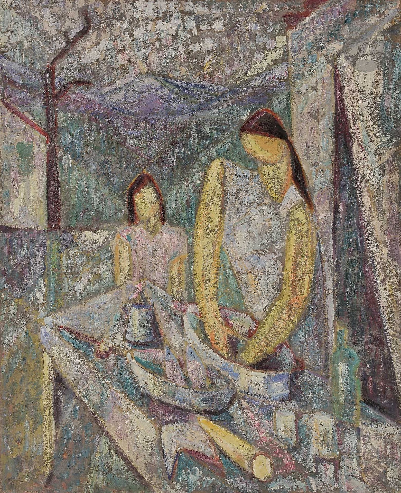 Sabine HETTNER (1906-1986)
Marchande de poissons, 1952
Huile sur toile.
Signée et datée au dos.
73 x 60 cm