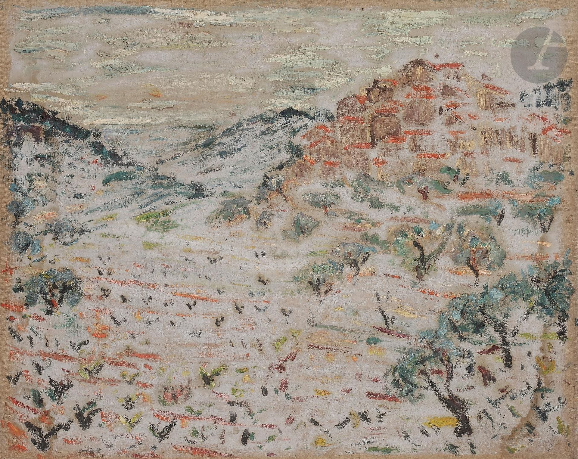 Sabine HETTNER (1906-1986)
Village sur la colline, 1951
Huile sur toile.
Non signée.
Datée au dos.
65 x 81 cm