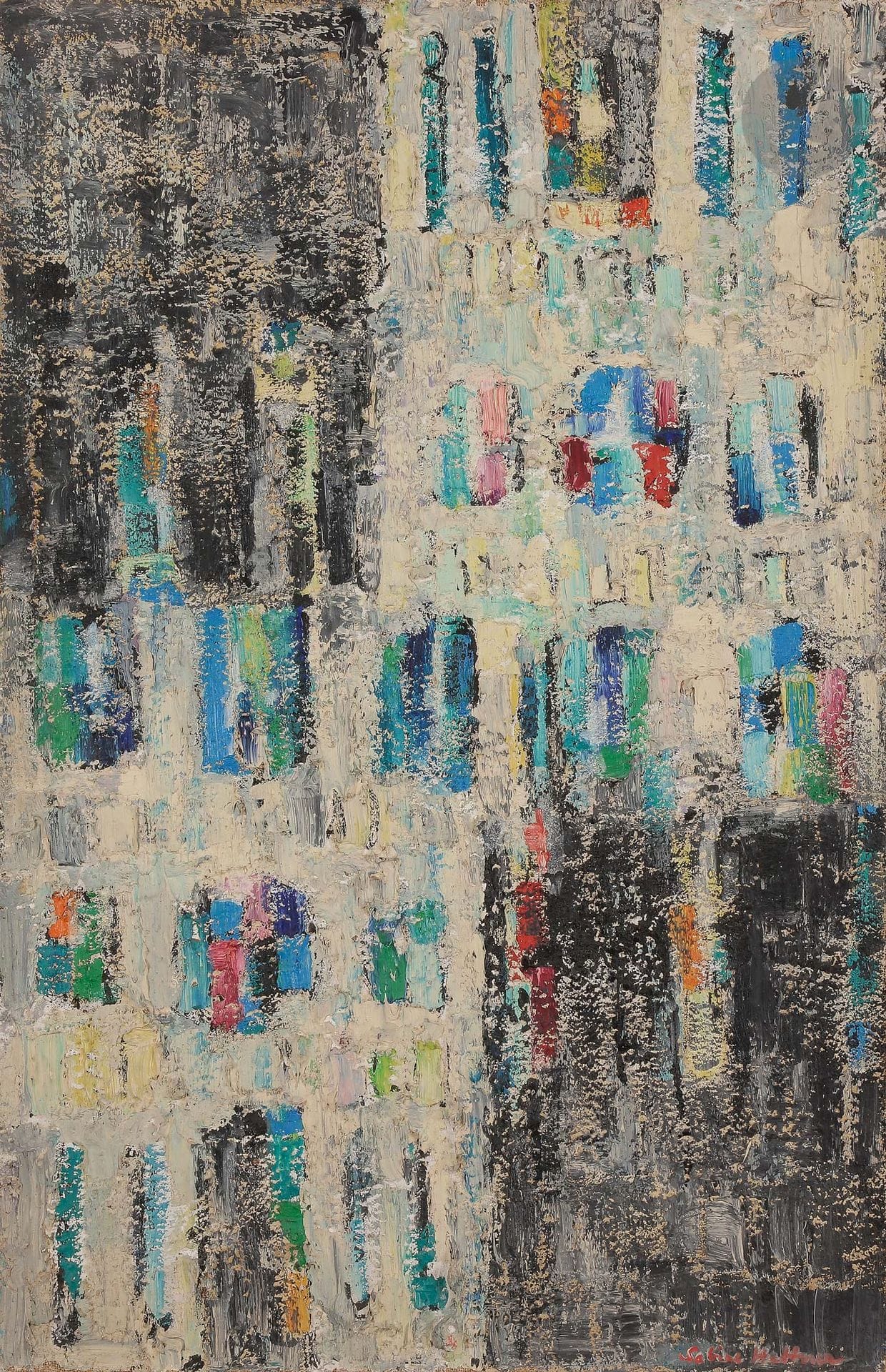 Sabine HETTNER (1906-1986)
Cathédrale, 1961
Huile sur toile.
Signée en bas à droite.
Signée et datée au dos.
92 x 60 cm