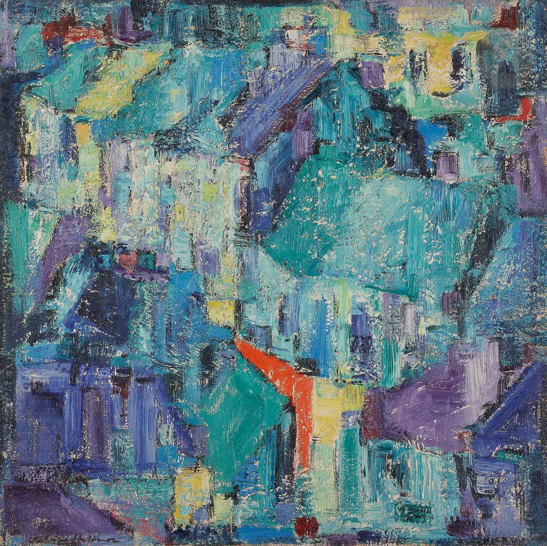 Sabine HETTNER (1906-1986)
Maisons, 1960
Huile sur toile.
Signée en bas à gauche.
Datée au dos.
73 x 73 cm