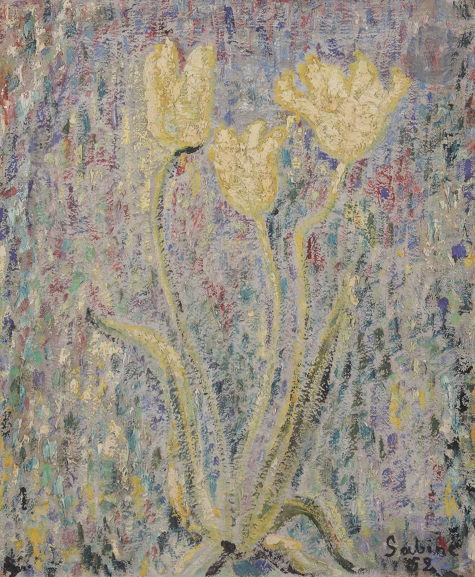 Sabine HETTNER (1906-1986)
Tulipes, 1952
Huile sur toile.
Signée et datée en bas à droite.
Signée et titrée au dos.
61 x 50 cm