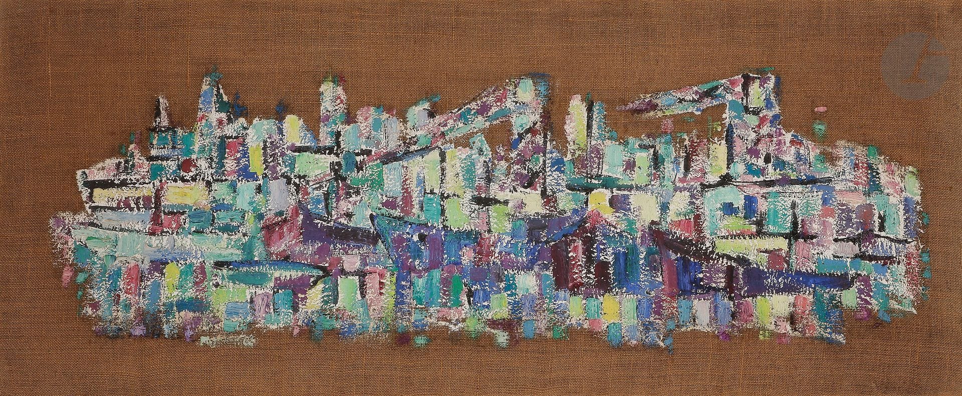 Sabine HETTNER (1906-1986)
Le Port, 1957
Huile sur toile.
Non signée.
Datée au dos.
50 x 120 cm