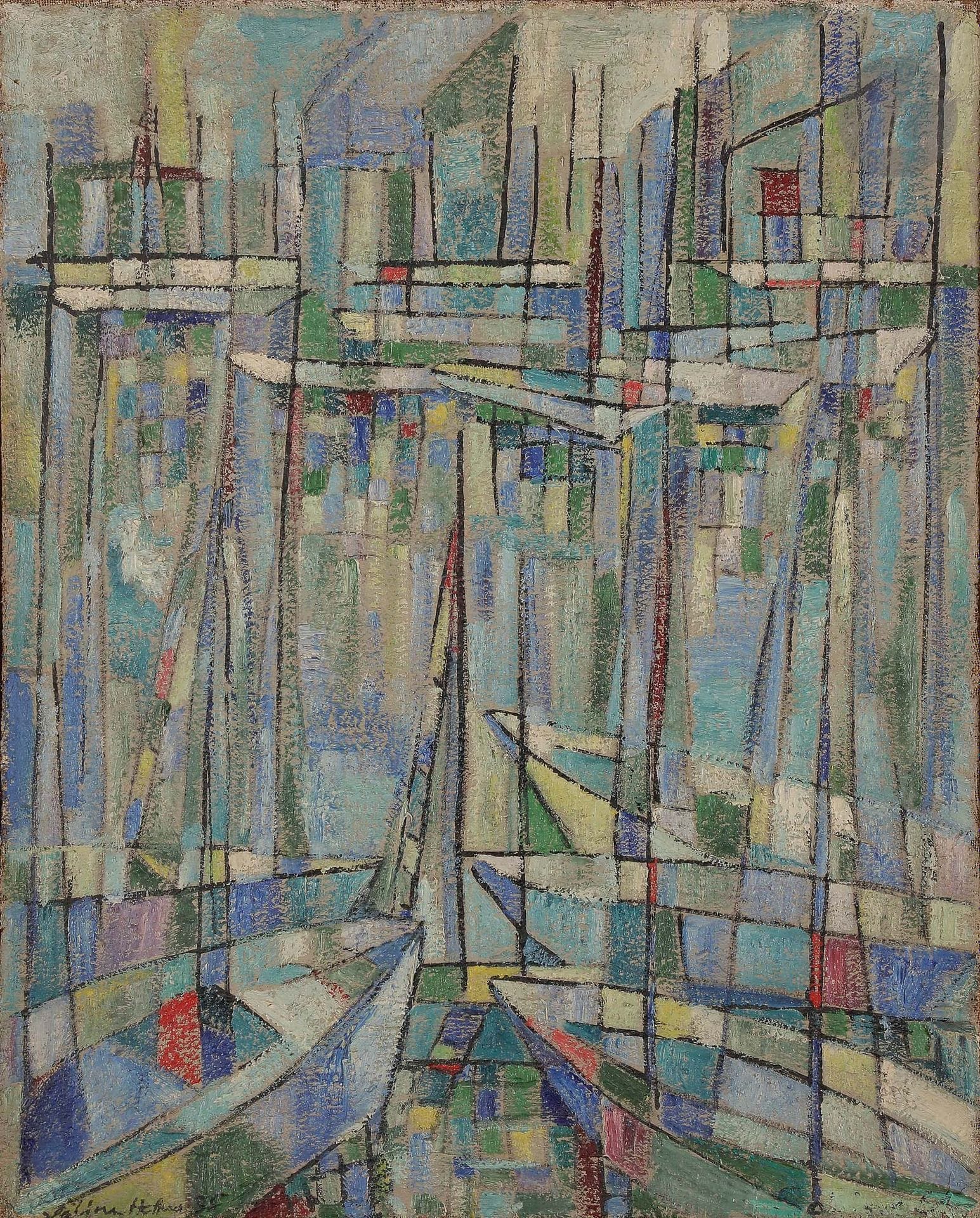 Sabine HETTNER (1906-1986)
Voiliers au port, 1955
Huile sur toile.
Signée et datée en bas à gauche.
Signée et datée au dos.
81 x 64 cm