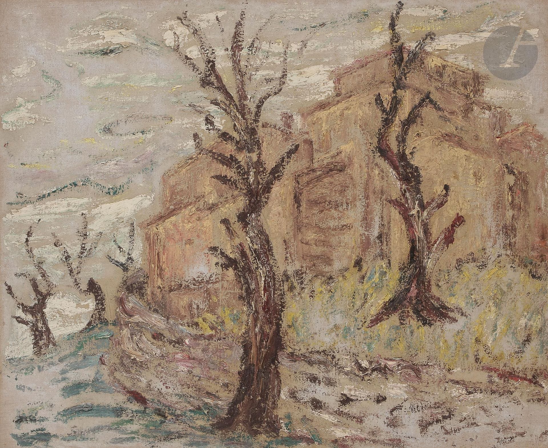 Sabine HETTNER (1906-1986)
Village en hiver, 1951
Huile sur toile.
Non signée.
Datée au dos.
61 x 73 cm