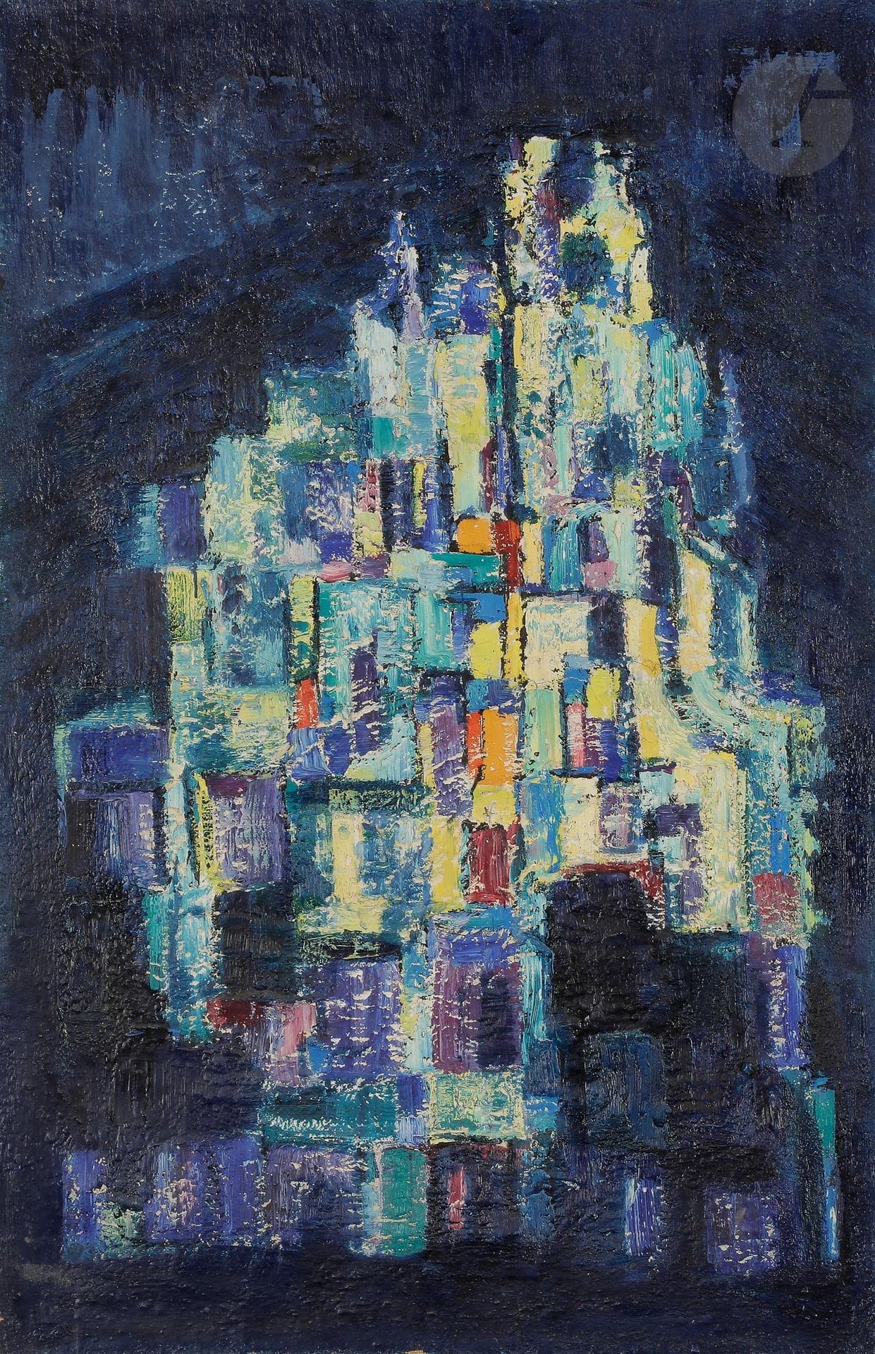 Sabine HETTNER (1906-1986)
Village la nuit, 1961
Huile sur toile.
Signée et datée au dos.
92 x 60 cm