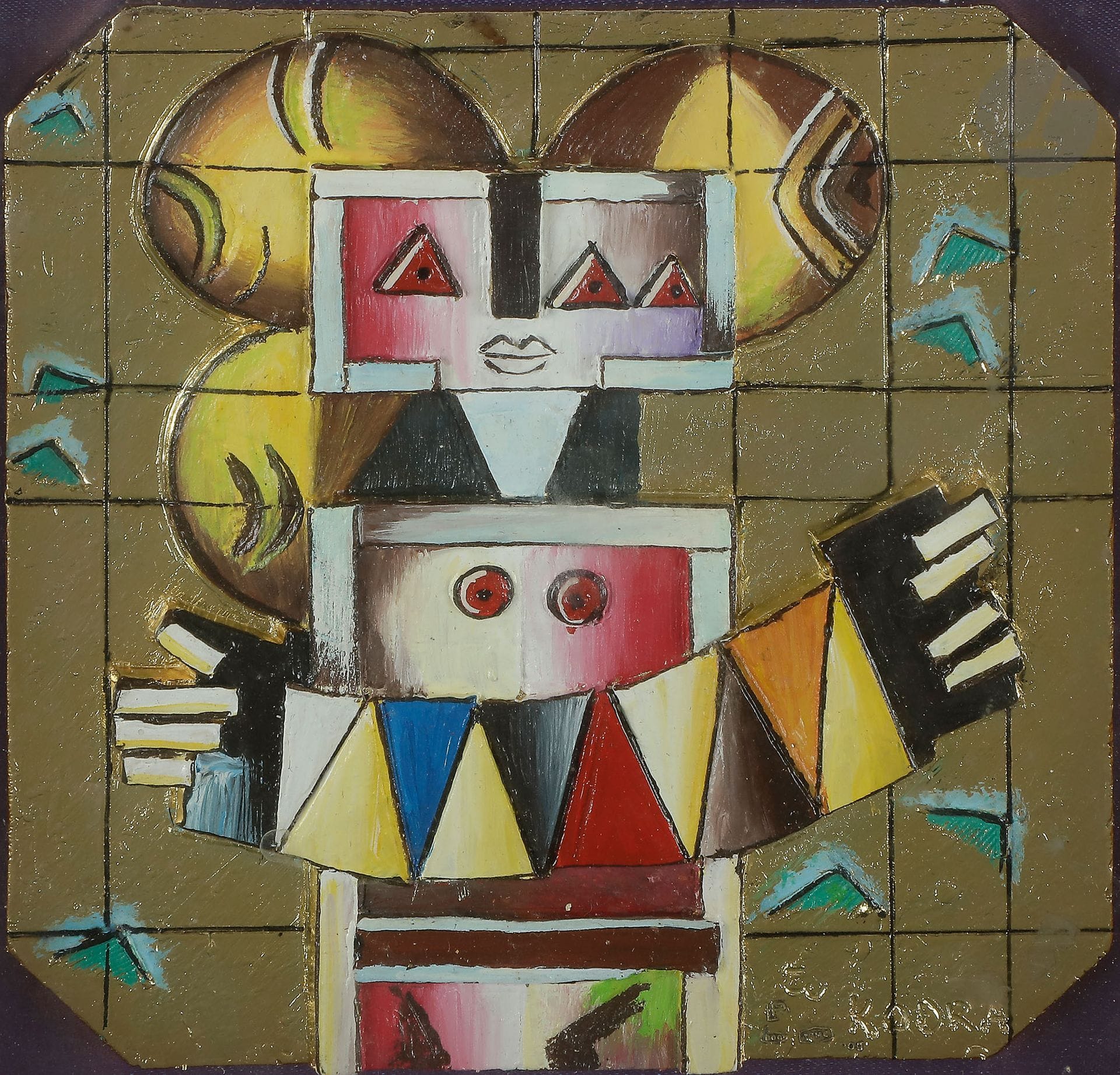 Ibrahim KODRA (1918-2006)
Personnage à l'accordéon
Huile sur métal doré.
Signée en bas à droite.
12,6 x 12,6 cm