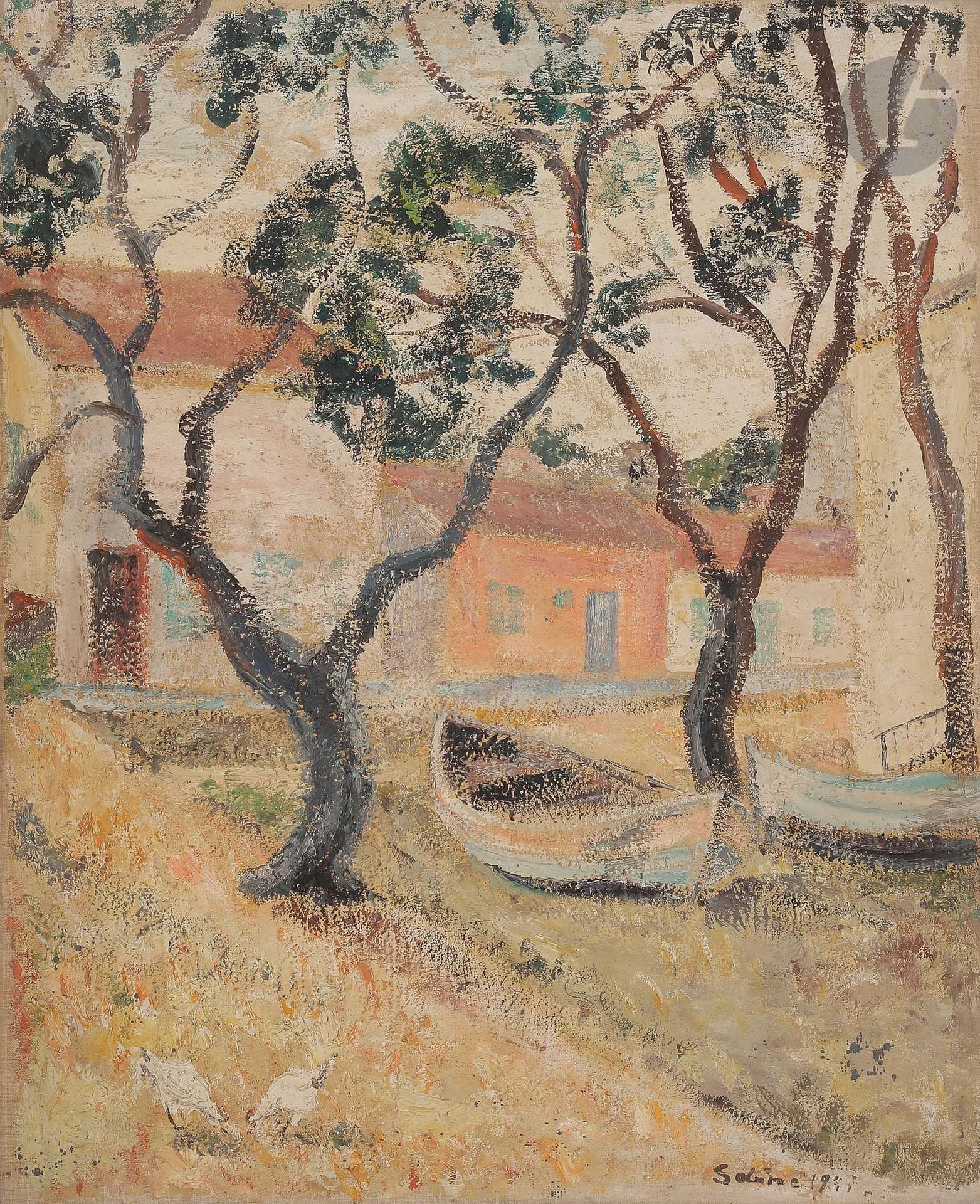 Sabine HETTNER (1906-1986)
Barques au village, 1947
Huile sur toile.
Signée et datée en bas à droite.
Datée au dos.
72 x 60 cm