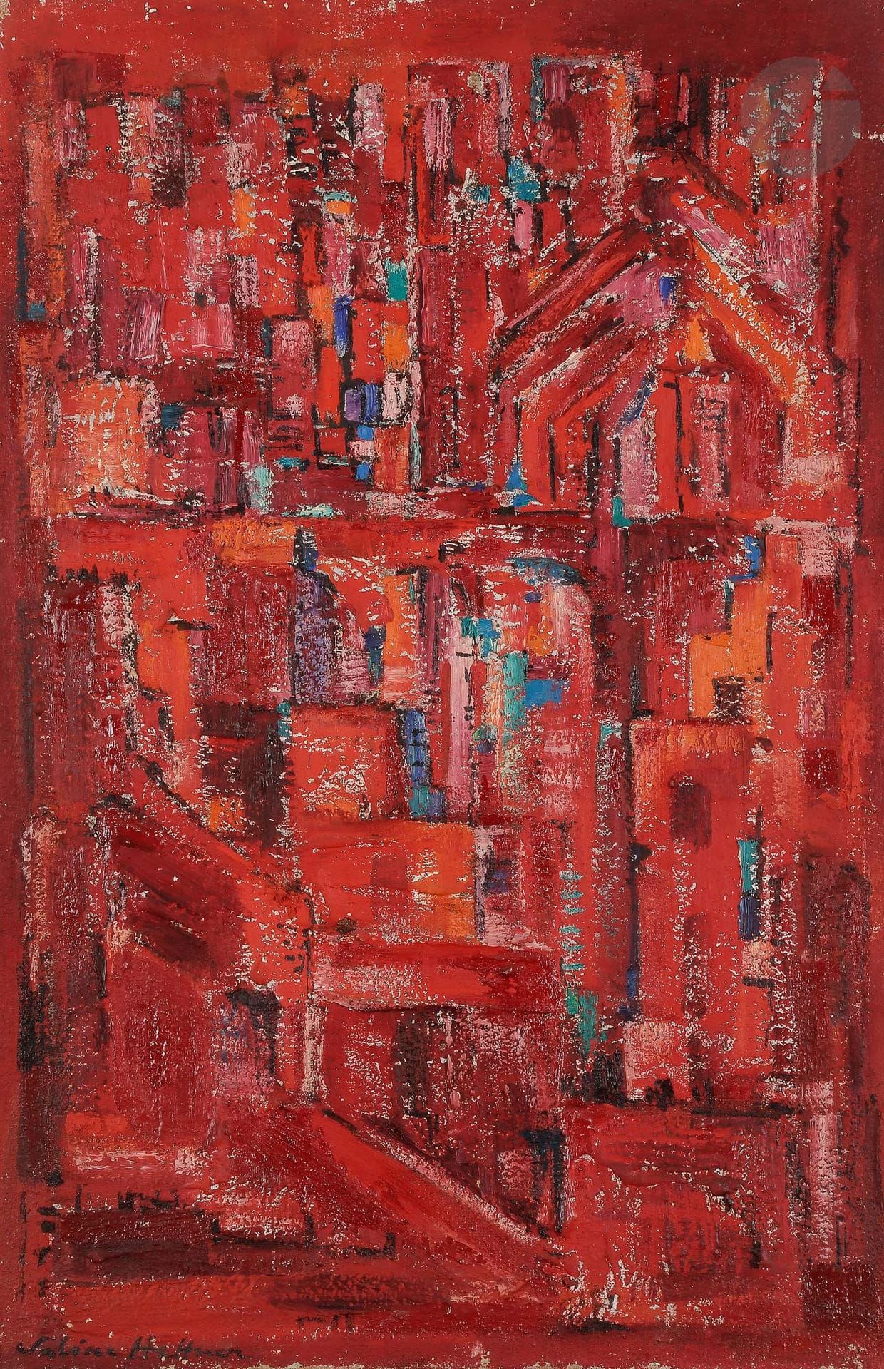 Sabine HETTNER (1906-1986)
Village, 1960
Huile sur toile.
Signée en bas à gauche.
Signée et datée au dos.
92 x 60 cm