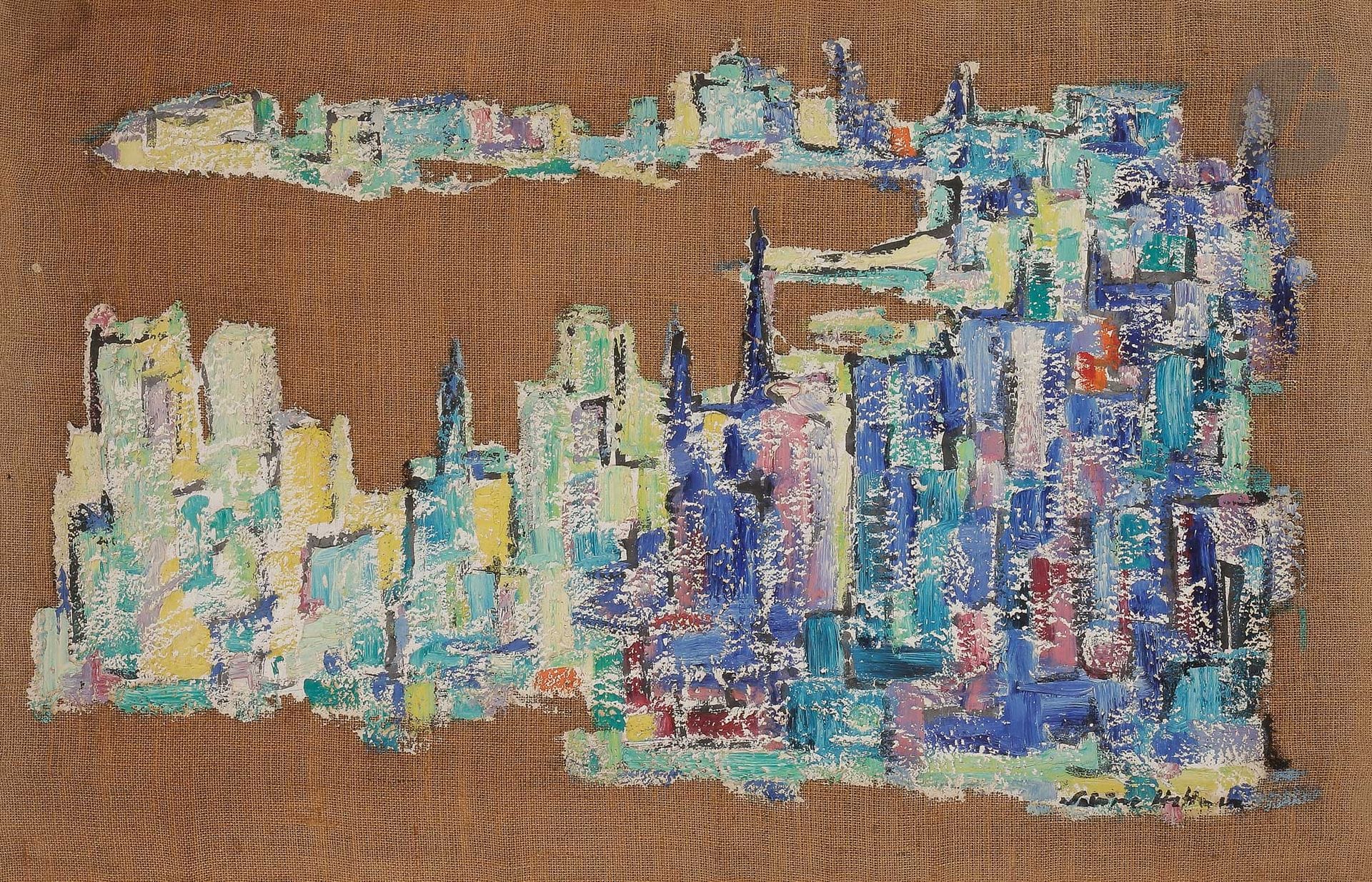 Sabine HETTNER (1906-1986)
Ville en bord de mer, 1958
Huile sur toile.
Signée en bas à droite.
Datée au dos.
60 x 92 cm