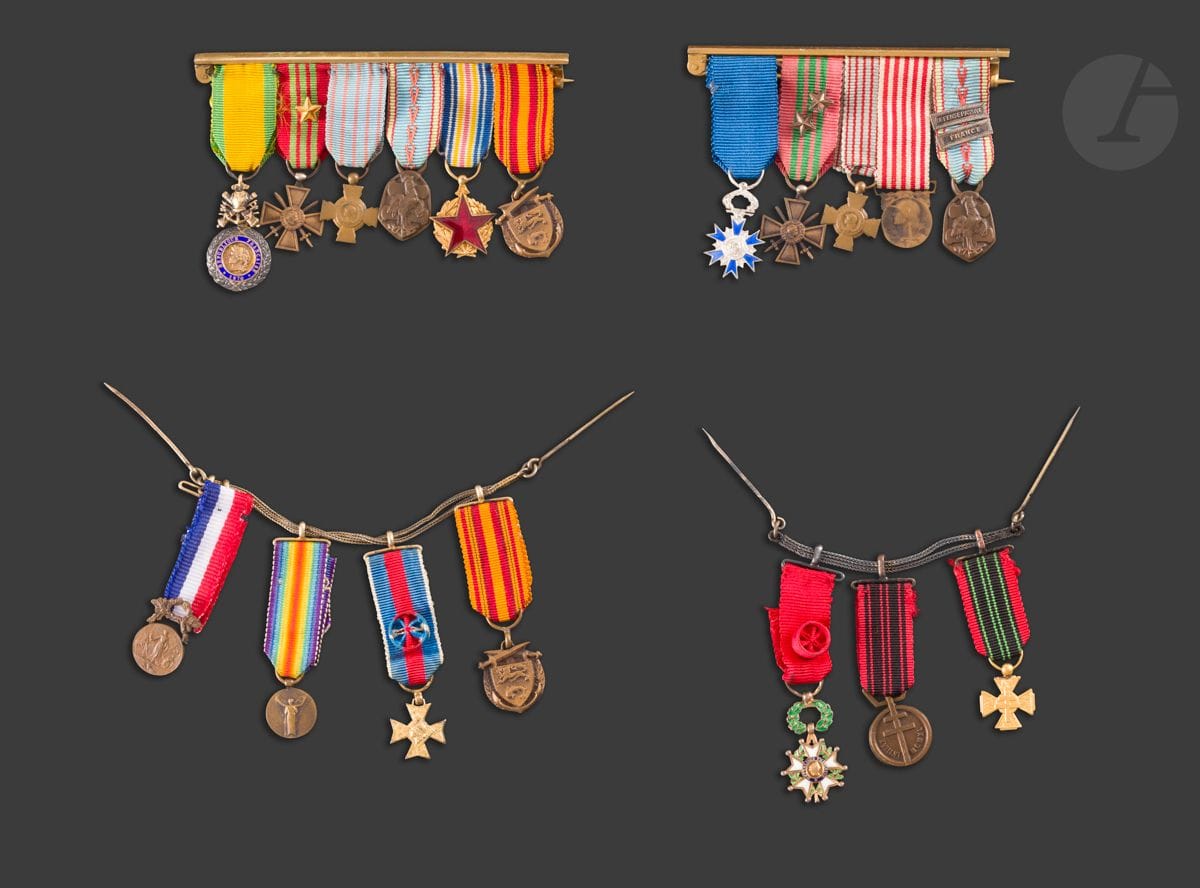 FRANCE 
Quatre barrettes et brochettes de miniature (18 miniatures au total) : 
- Barrette de cinq miniatures, chevalier ordre national du mérite, croix de guerre 39-45, croix du combattant, commémorative 14-18, commémorative 39-45 à agrafes FRANCE et DEFENSE PASSIVE. 
- Barrette de six miniatures, médaille militaire, croix de guerre 39-45, croix du combattant, commémorative 39-45, médaille des blessés, médaille de Dunkerque. 
- Chainette de quatre, médaille du ministère de l’intérieur, médaille interalliée, officier du mérite militaire, médaille de Dunkerque (tachée au revers). 
- Chainette de trois, officier de la Légion d’honneur (IVe république) en vermeil et émail, médaille de la Résistance, combattant volontaire de la Résistance. 
Bronze, bronze doré et vermeil. Rubans. 
T.T.B. à SUP.