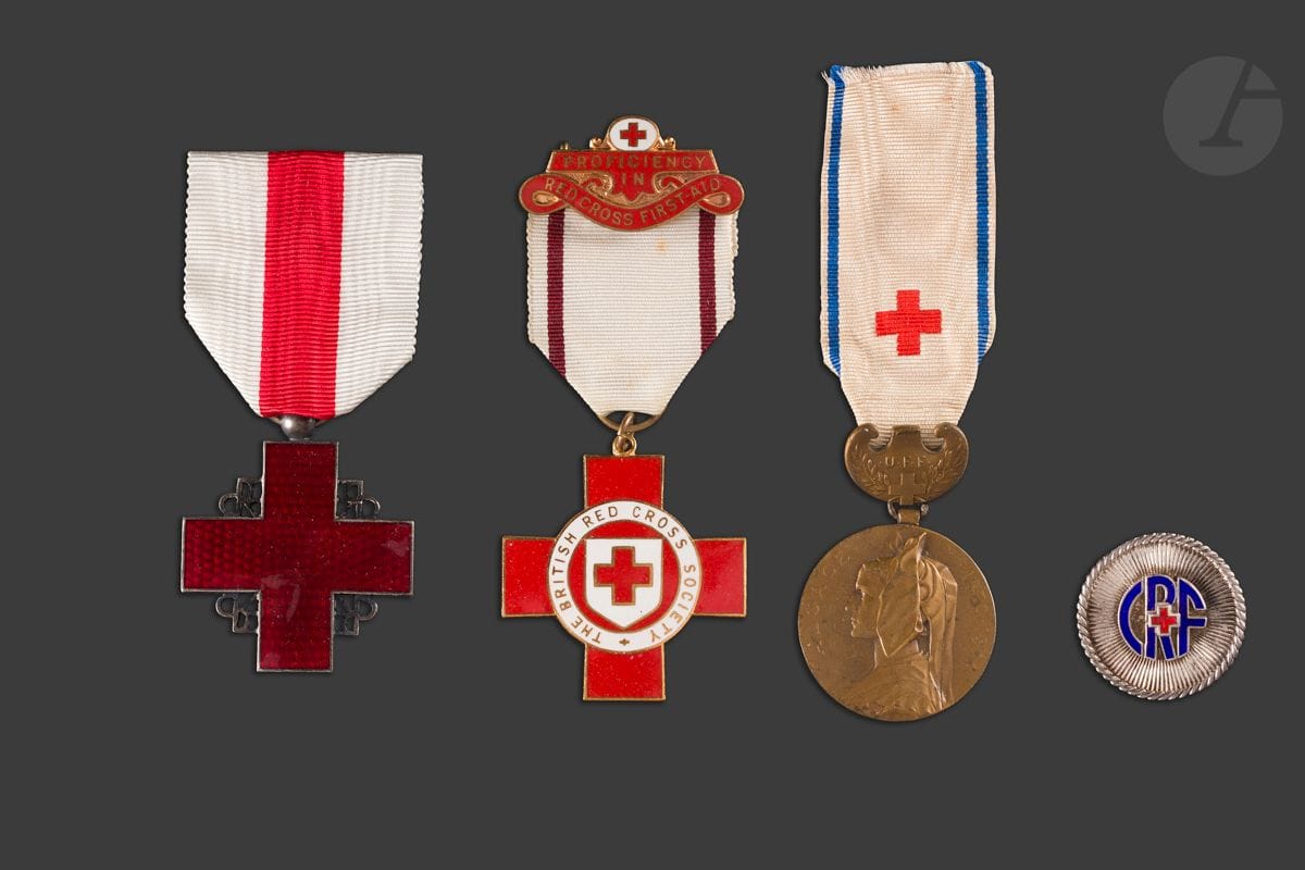 FRANCE CROIX ROUGE Four pieces: - CRF badge in silver and enamel. Manufactured by Van Cleef &amp; Arpels. 25 mm - Gross weight: 19 g - UFF medal. Bronze. Ribbon - The British Red Cross Society medal. Ribbon with enameled clasp. Awarded in 1949 - Red Cross medal. Silver-plated and enameled bronze. Ribbon. T.T.B. and SUP.