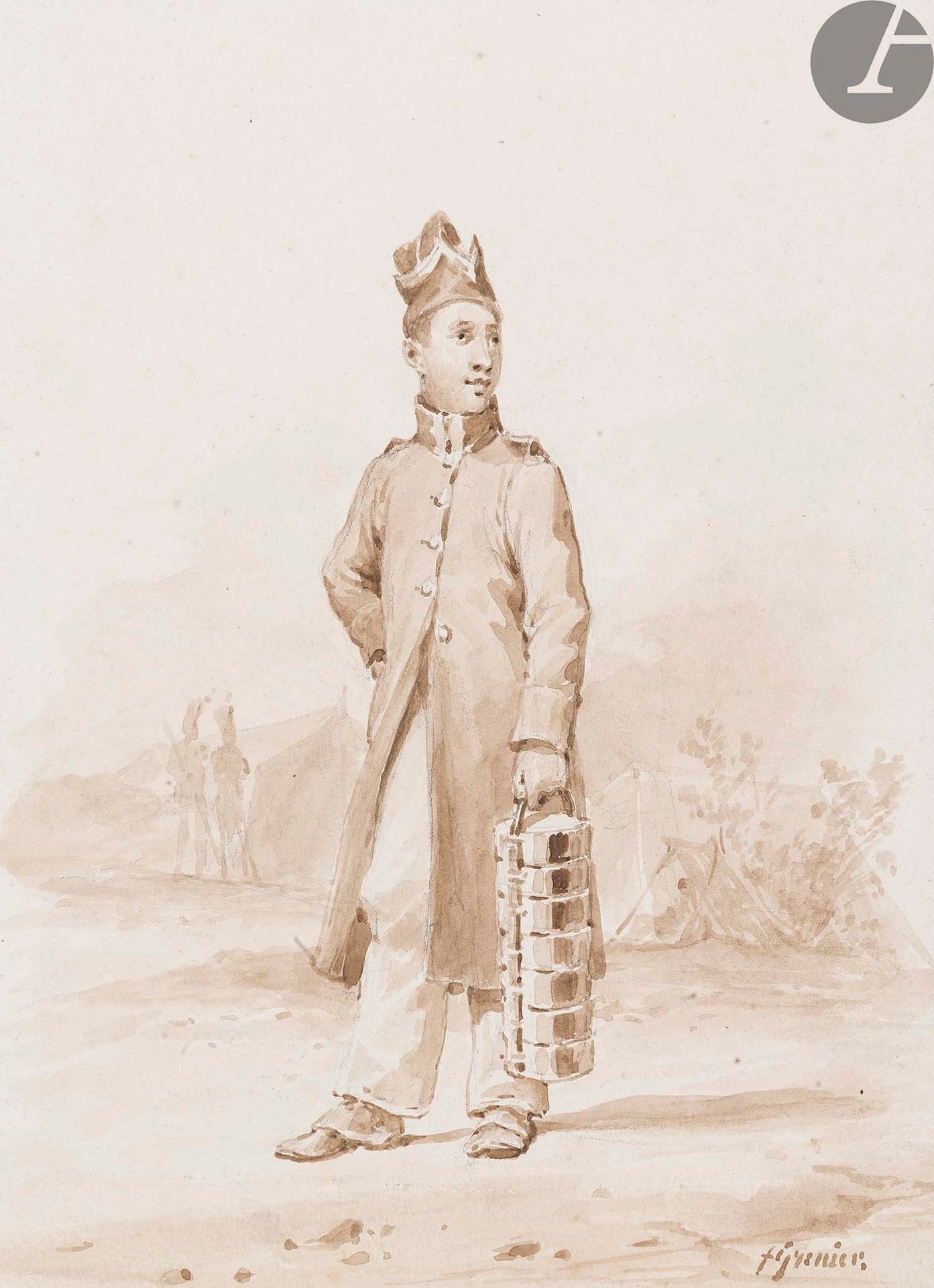 Francois GRENIER (1793-1867)
Fantassin en tenue de corvée, vers 1820
Lavis d'encre signé en bas à droite. 
17 x 12 cm
A.B.E.