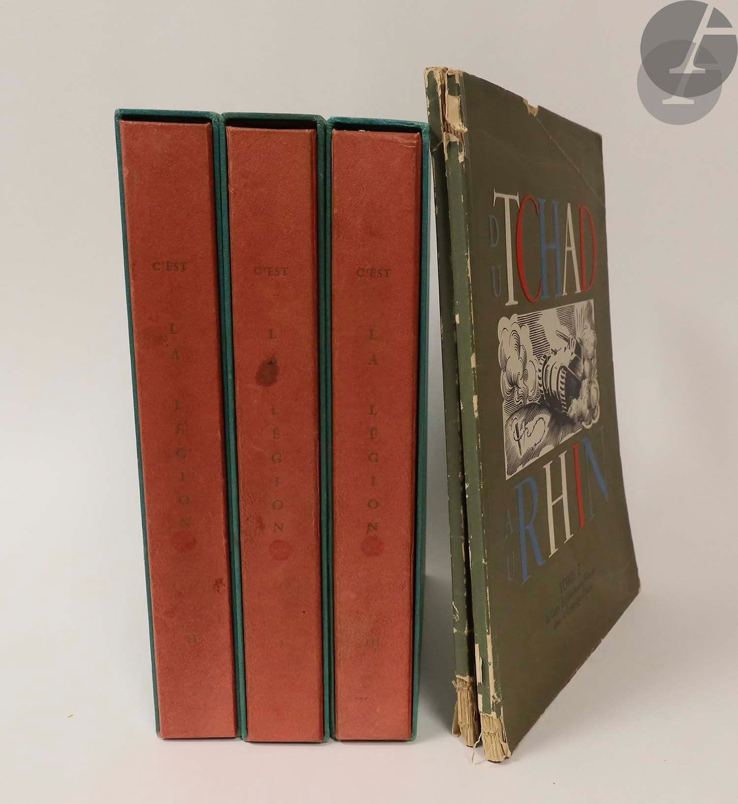 Set of military volumes and collections.
- Two fascicles Du Tchad au Rhin, volume I and volume II. GP edition. Published at 250 copies, N°14 printed especially for the General of the Army Juin.
- Three volumes C'est la Légion, by Louis Gaultier and Charles Jacquot. Editions les Impressions Françaises. Copy n°532. In a green and red cardboard slipcase.
Various volumes and booklets on the army are attached. Set of 20 volumes.



