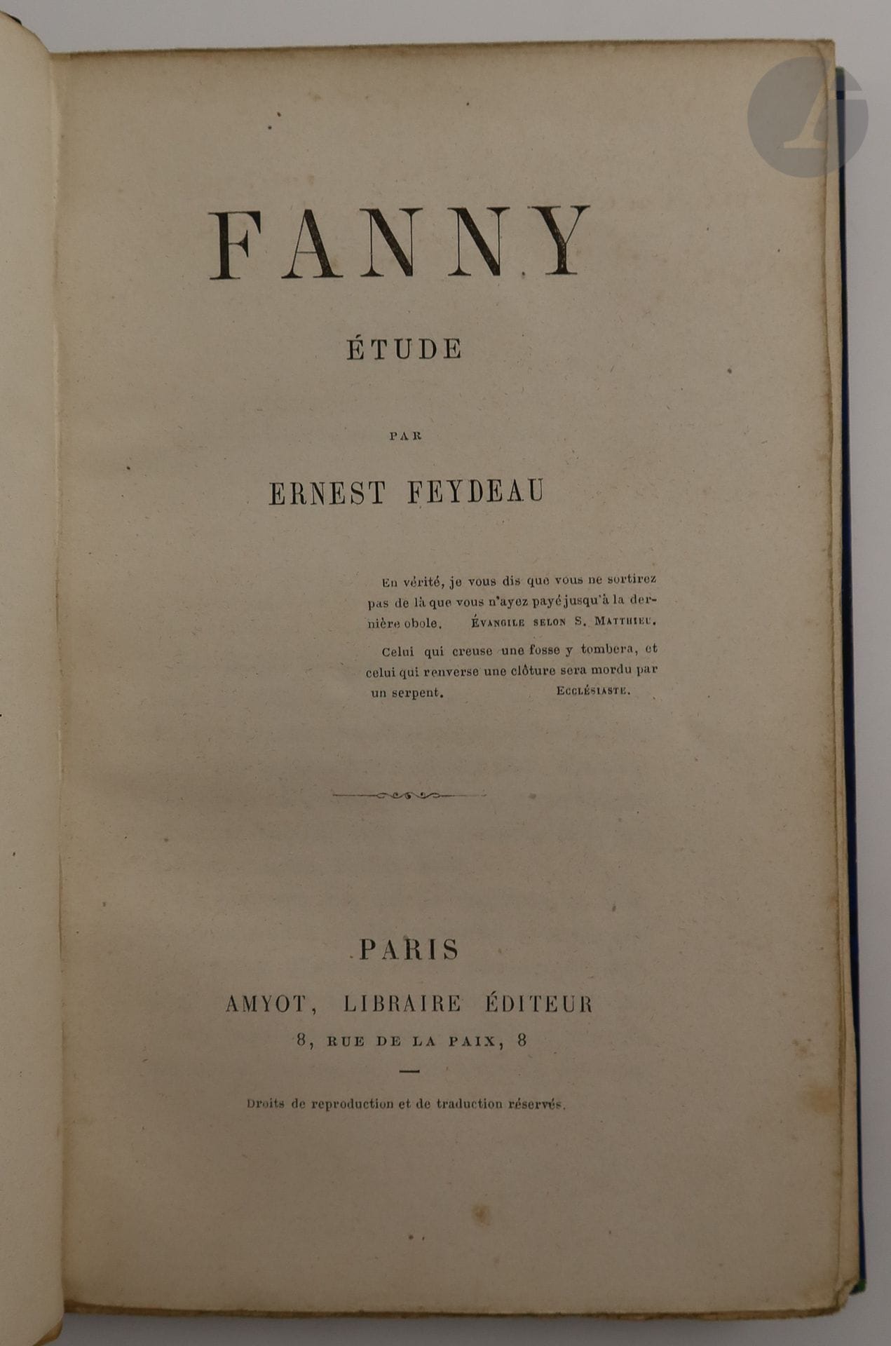 FEYDEAU (Ernest).
Fanny. Study.
Paris : Amyot, [1858]. - In-12, dark blue half-maroquin, smooth spine, untrimmed, cover and spine kept (V. Champs).
Genuine first edition published in May 1858, of this famous realistic novel by Ernest Feydeau on adultery, considered by the critics of the time as a new "Madame Bovary". It does not have the preface by Jules Janin which only appeared in the second edition published in July of the same year.

SAINTE-BEUVE'S EDITION, with this very nice sending of the author on the false title:

" offered to the author of Volupté, to // Monsieur Sainte-Beuve, to the most // delicate of the masters of the written word, // by his unworthy emulator // E. Feydeau "

Sainte-Beuve was one of those who defended Feydeau's work in one of his talks, considering it as a "masterpiece of truth and poetry"

.



Good copy bound by Victor Champs. There are a few reading notes and a few passages underlined in pencil which do not seem to be in Sainte-Beuve's hand.
Soiling to the cover.

A second copy of the same edition, in contemporary brown half-chagrin, very well preserved despite some curling.













