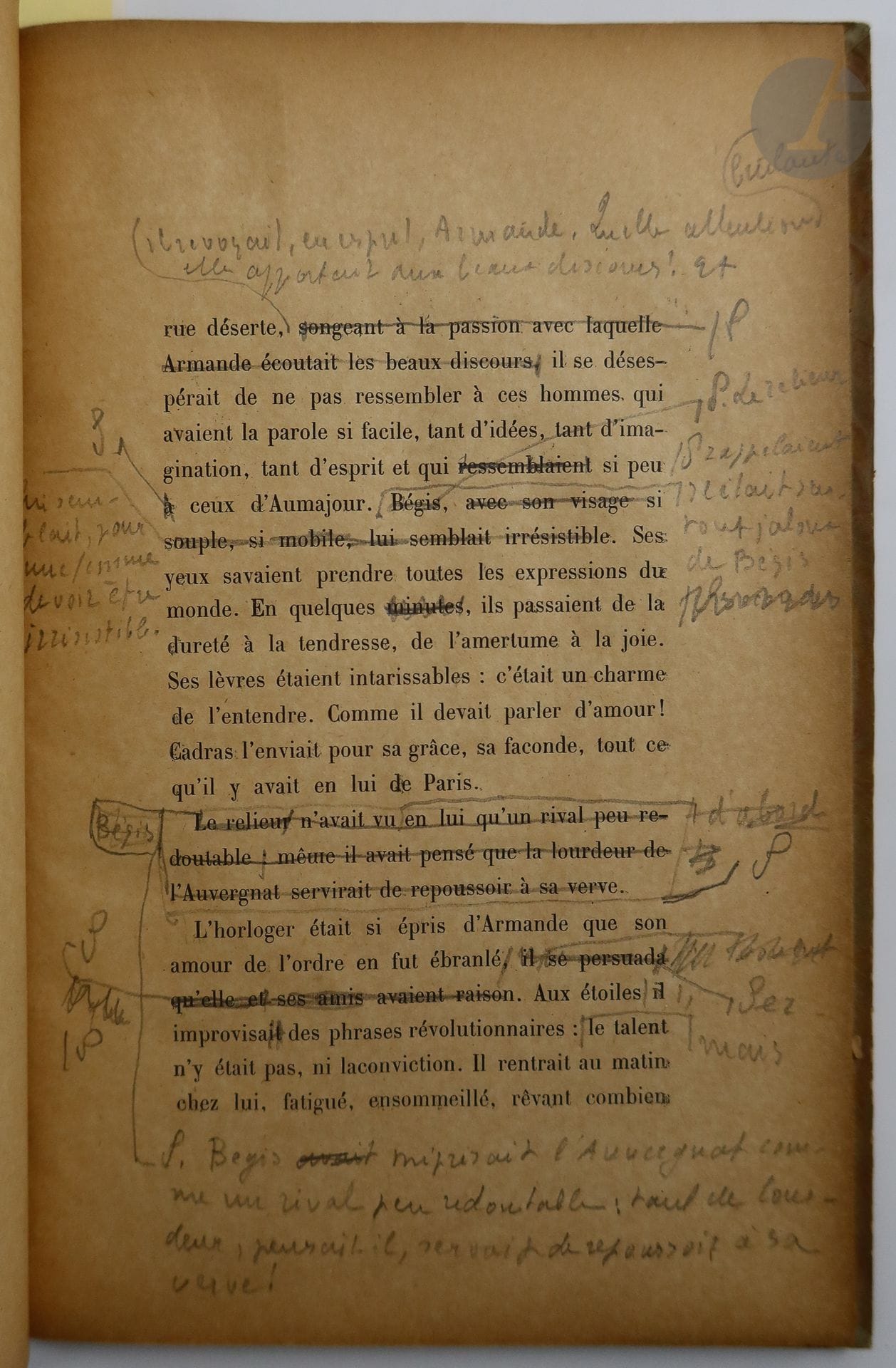 THARAUD (Jérôme et Jean).
L'Ami de l'ordre.
S.l., s.d. — In-8, demi-parchemin ivoire, dos lisse (reliure de l'époque).
Épreuves corrigées de cette nouvelle se déroulant sous la Commune, publiée pour la première fois en 1905.

Ces épreuves comportent 68 feuillets dont certains portent l'étiquette de l'imprimerie générale Lahure. Plusieurs de ces feuillets comprennent des corrections manuscrites, visiblement de la main de Jérôme Tharaud.

Reliure salie. Feuillets brunis et parfois cassants sur les bords.
