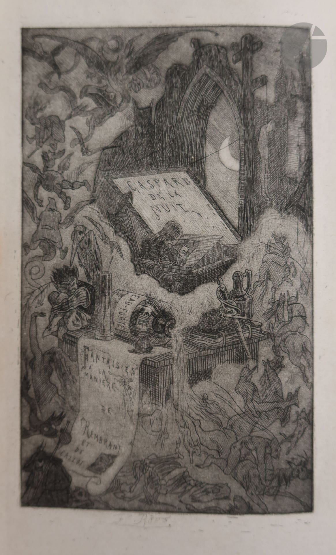 BERTRAND (Aloysius).
Gaspard de la nuit, fantaisies à la manière de Rembrandt et de Callot. Nouvelle édition, augmentée de pièces en prose et en vers, tirées des journaux et recueils littéraires du temps, et précédée d’une introduction, par Charles Asselineau.
Paris : René Pincebourde ; Bruxelles : Librairie européenne de C. Muquardt (et Poulet-Malassis), 1868. — In-8, demi-parchemin ivoire, dos lisse, non rogné, couverture et dos conservés (Stroobants).
Oberlé, « Auguste Poulet-Malassis », n° 840 et 841.

Seconde édition du chef-d’œuvre d’Aloysius Bertrand, publiée par Charles Asselineau. L’originale, très rare, parut en 1842 à Paris chez Labitte.

L’édition fut tirée à 402 exemplaires illustrés d’un frontispice de Félicien ROPS gravé à l’eau-forte et imprimé sur chine.
Cet ouvrage devait être le premier de la « Collection de curiosités romantiques » publiée sous la direction de Charles Asselineau, mais ce fut le seul volume paru. On trouve au dernier feuillet ainsi qu’en quatrième de couverture une présentation de cette collection.

Un des 350 exemplaires sur papier de Hollande (n° 55), complet des deux feuillets non chiffrés, le premier portant la marque rouge au coq de Malassis et le second possédant la justification.

Dos de la couverture restauré avec manques.