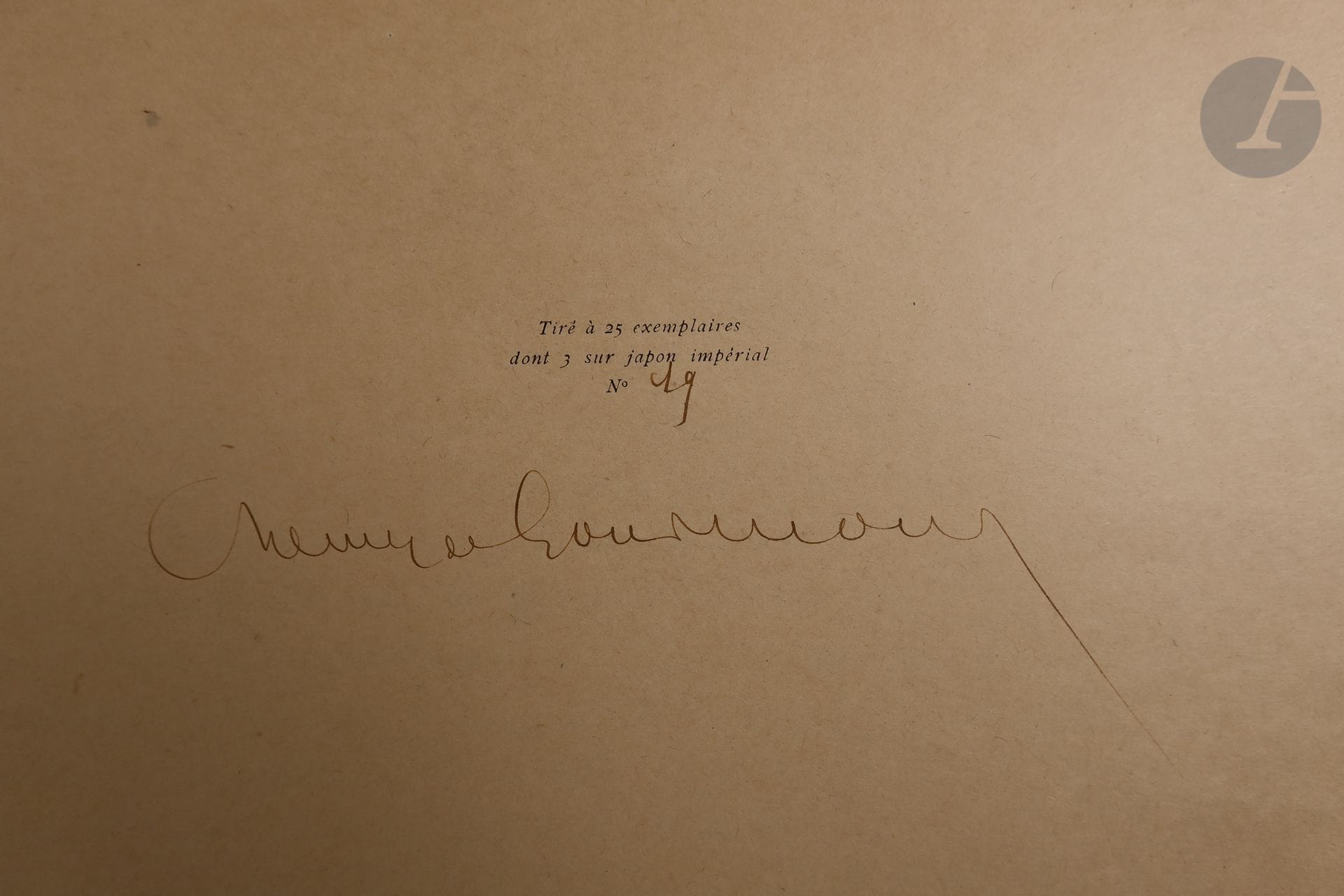 GOURMONT (Remy de).
Hiéroglyphes et autres poèmes.
Paris : Mercure de France, 1894. — In-folio oblong, (21 ff.), couverture imprimée. En feuilles.
Édition originale très rare, tirée à seulement 25 exemplaires, de ce recueil de poèmes reproduits en fac-similé de l'écriture de l'auteur.

Un des 22 exemplaires sur japon français teinté (n° 19), numéroté et signé par Remy de Gourmont à la justification.

Il manque malheureusement la lithographie de Henry de Groux en frontispice.

Couverture salie, rousseurs sur les bords du premier plat, déchirures sans manque au dos.