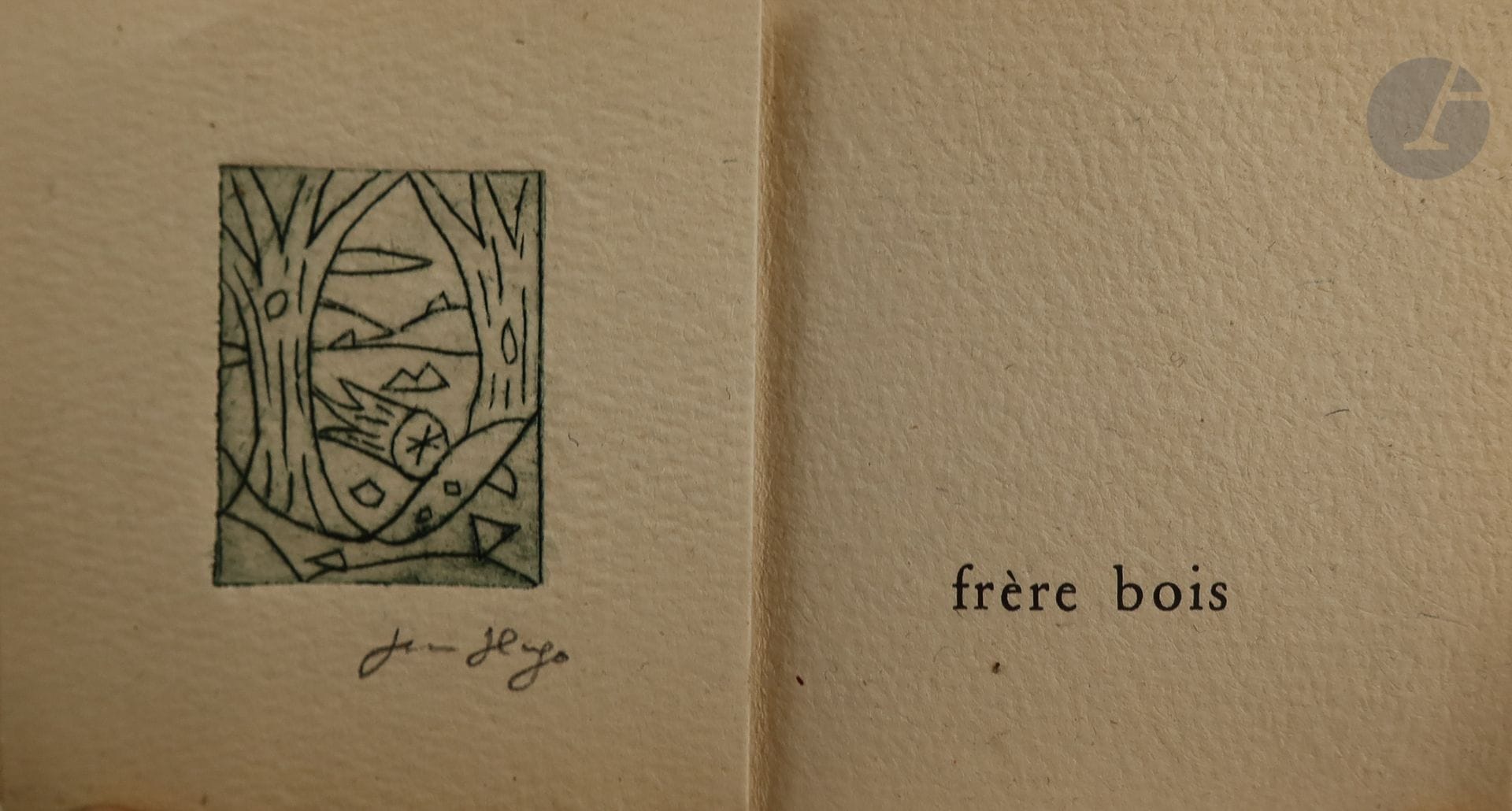 TZARA (Tristan).
Frère bois.
Alès : PAB, 1957. - Tiny 70 x 75, in sheets, filled cover.
First edition at 31 and 3 copies, illustrated with an original etching signed by Jean HUGO.

Copy numbered 14/31 on paper on Auvergne paper, signed by the publisher, very well preserved.




