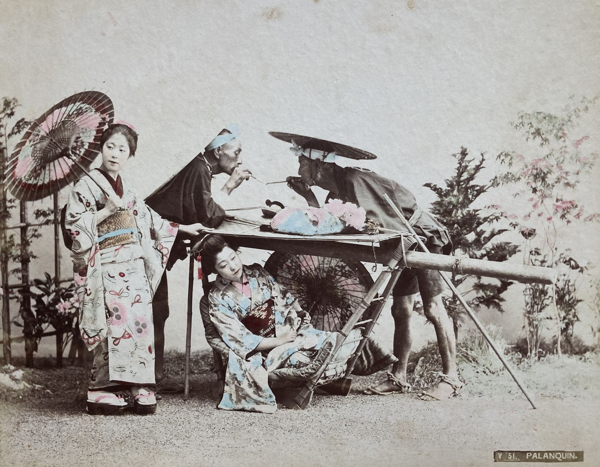 Unidentified photographerJapan
, c. 1880. 
Geisha. Matsushima. Singers. Housewives. Meals. Cooks. Tea house in Suwa Park. Palanquin. Dancer. Female players. Port of Moji. Bean cake seller. Nagasaki. Noodle eaters. Carriers. 
Album in-4 oblong, lacquered plates, composed of 34 albumen prints, enhanced with colours and pasted on cardboards. Some captions in bands in the negatives. 
Average size : 21 x 26 cmUnidentified

photographerJapan
, c. 1880. 
Geisha. Matsushima. Singers. Housewives. Meals. Cooks. Tea house in Suwa park. Palanquin. Dancer. Female players. Port of Moji. Bean cake seller. Nagasaki. Noodle eaters. Carriers. 
Oblong 4to album, composed of 34 albumen prints, enhanced with colors and mounted on cardboards. Some captions in the negatives. 
Average size : 21 x 26 cm









